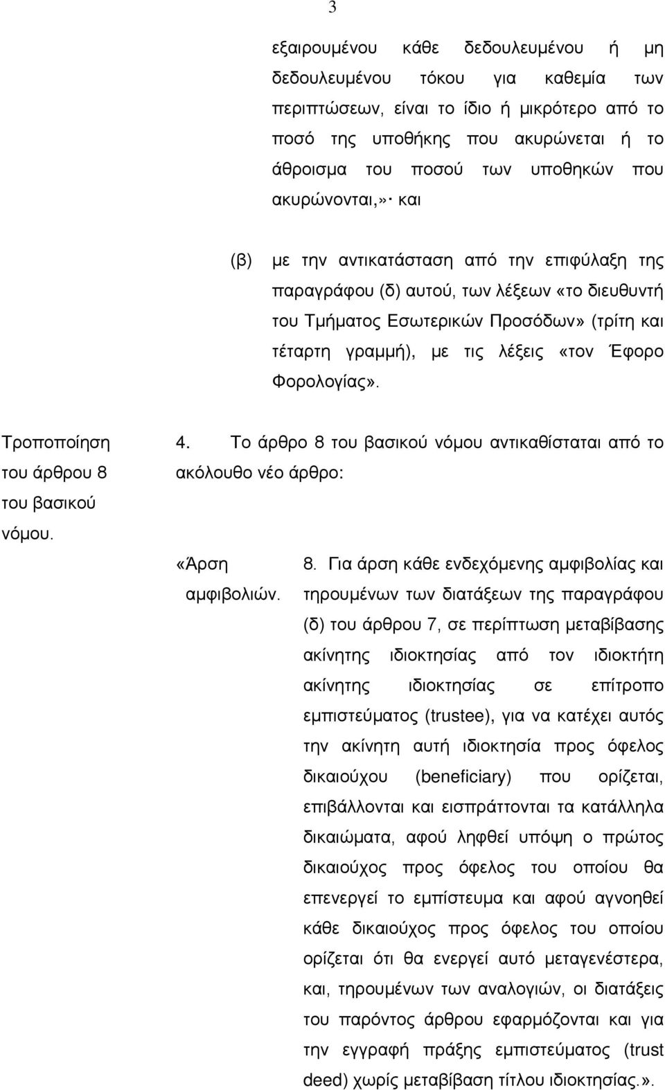 Φορολογίας». του άρθρου 8 4. Το άρθρο 8 νόμου αντικαθίσταται από το ακόλουθο νέο άρθρο: «Άρση 8. Για άρση κάθε ενδεχόμενης αμφιβολίας και αμφιβολιών.