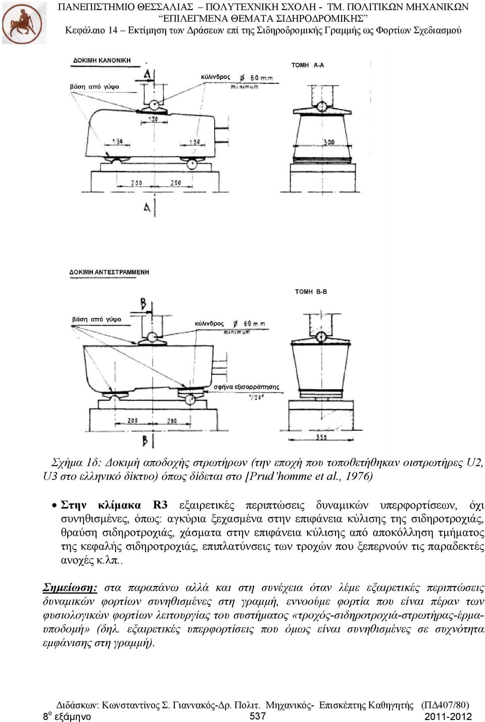 επιφάνεια κύλισης από αποκόλληση τμήματος της κεφαλής σιδηροτροχιάς, επιπλατύνσεις των τροχών που ξεπερνούν τις παραδεκτές ανοχές κ.λπ.