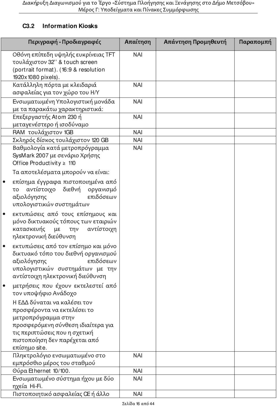 Κατάλληλη πόρτα με κλειδαριά ασφαλείας για τον χώρο του Η/Υ Eνσωματωμένη Υπολογιστική μονάδα με τα παρακάτω χαρακτηριστικά: Επεξεργαστής Atom 230 ή μεταγενέστερο ή ισοδύναμο RAM τουλάχιστον 1GB