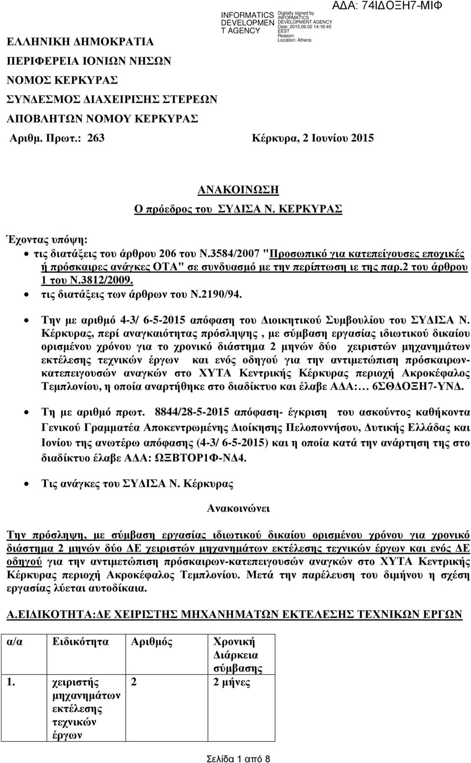 3812/2009. ηηο δηαηάμεηο ησλ άξζξσλ ηνπ Ν.2190/94. Σελ κε αξηζκό 4-3/ 6-5-2015 απόθαζε ηνπ Γηνηθεηηθνύ πκβνπιίνπ ηνπ ΤΓΙΑ Ν.