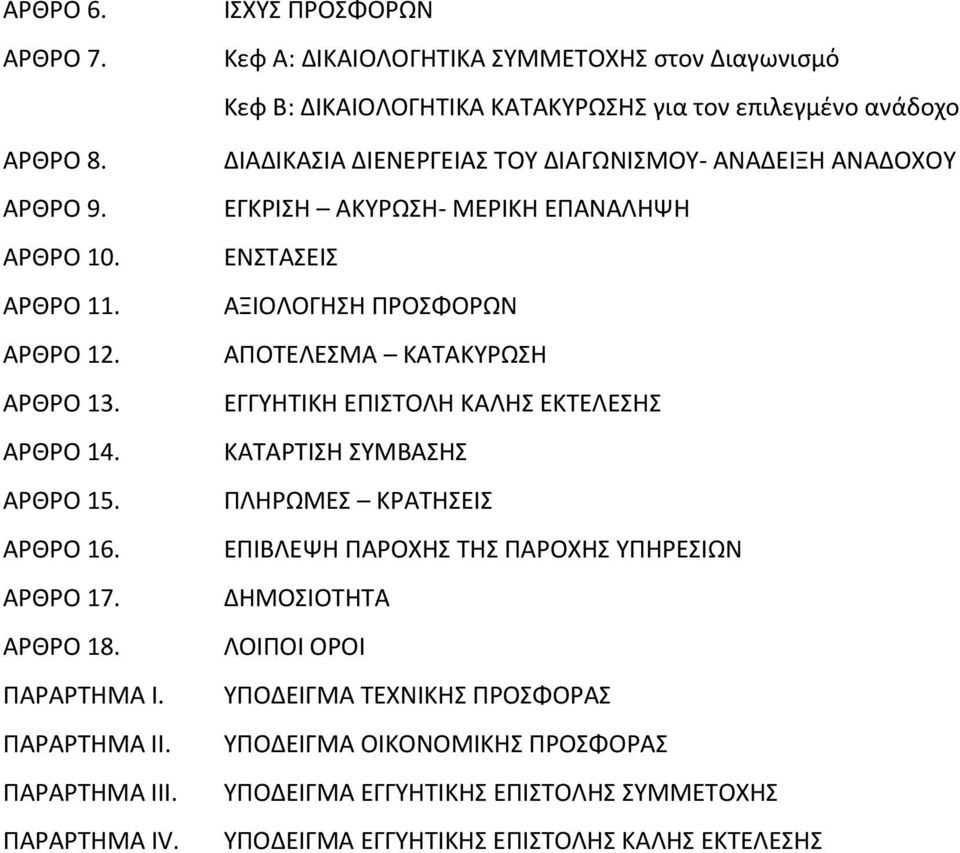 ΕΓΚΡΙΣΗ ΑΚΥΡΩΣΗ ΜΕΡΙΚΗ ΕΠΑΝΑΛΗΨΗ ΕΝΣΤΑΣΕΙΣ ΑΞΙΟΛΟΓΗΣΗ ΠΡΟΣΦΟΡΩΝ ΑΠΟΤΕΛΕΣΜΑ ΚΑΤΑΚΥΡΩΣΗ ΕΓΓΥΗΤΙΚΗ ΕΠΙΣΤΟΛΗ ΚΑΛΗΣ ΕΚΤΕΛΕΣΗΣ ΚΑΤΑΡΤΙΣΗ ΣΥΜΒΑΣΗΣ ΠΛΗΡΩΜΕΣ ΚΡΑΤΗΣΕΙΣ ΕΠΙΒΛΕΨΗ ΠΑΡΟΧΗΣ ΤΗΣ