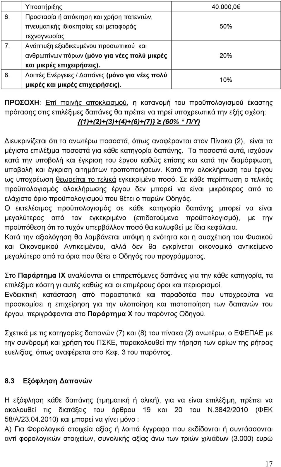 ΠΡΟΣΟΧΗ: Επί ποινής αποκλεισμού, η κατανομή του προϋπολογισμού έκαστης πρότασης στις επιλέξιμες δαπάνες θα πρέπει να τηρεί υποχρεωτικά την εξής σχέση: {(1)+(2)+(3)+(4)+(6)+(7)} (60% * Π/Υ) 50% 20%