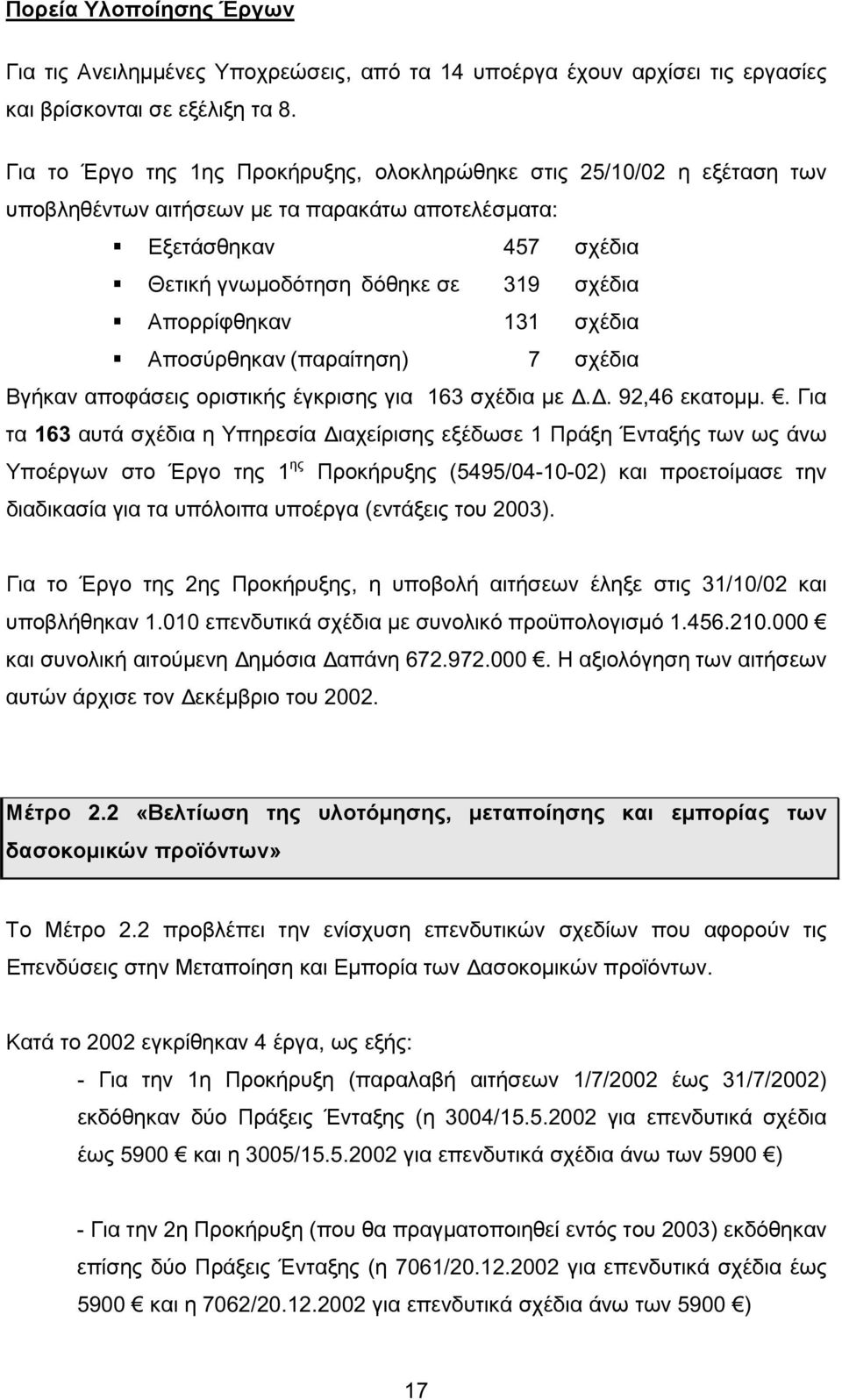 131 σχέδια Αποσύρθηκαν (παραίτηση) 7 σχέδια Βγήκαν αποφάσεις οριστικής έγκρισης για 163 σχέδια µε.. 92,46 εκατοµµ.