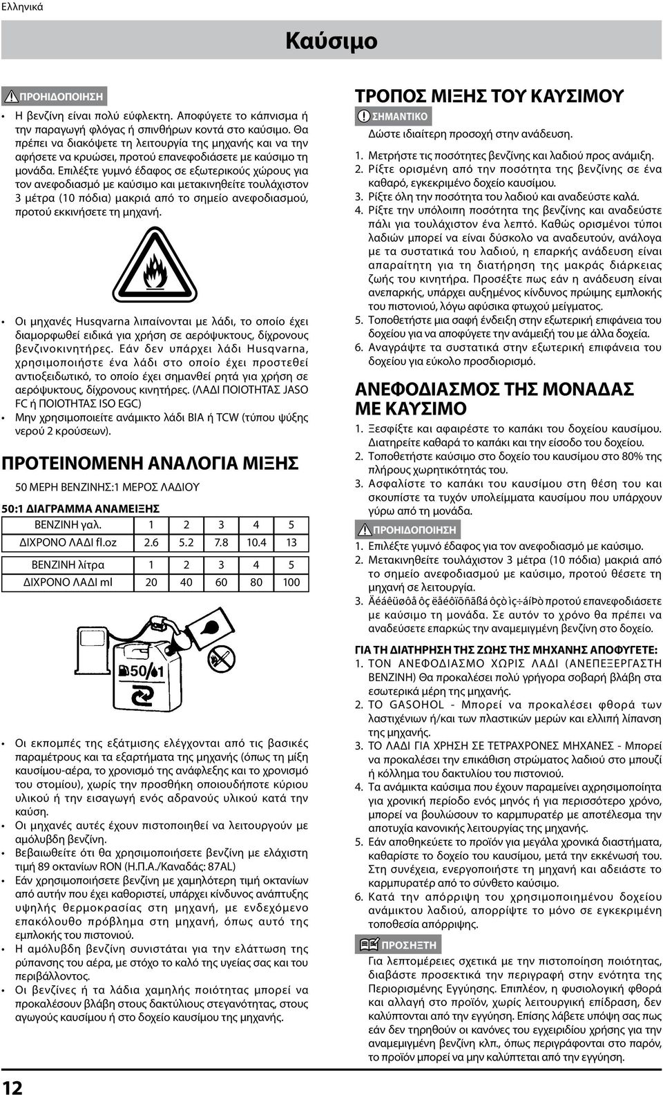 Επιλέξτε γυμνό έδαφος σε εξωτερικούς χώρους για τον ανεφοδιασμό με καύσιμο και μετακινηθείτε τουλάχιστον 3 μέτρα (10 πόδια) μακριά από το σημείο ανεφοδιασμού, προτού εκκινήσετε τη μηχανή.