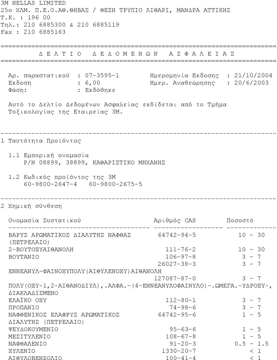 ======================================================================== Αρ. παραστατικού : 07-3595-1 Ημερομηνία Εκδοσης : 21/10/2004 Εκδοση : 6,00 Ημερ.