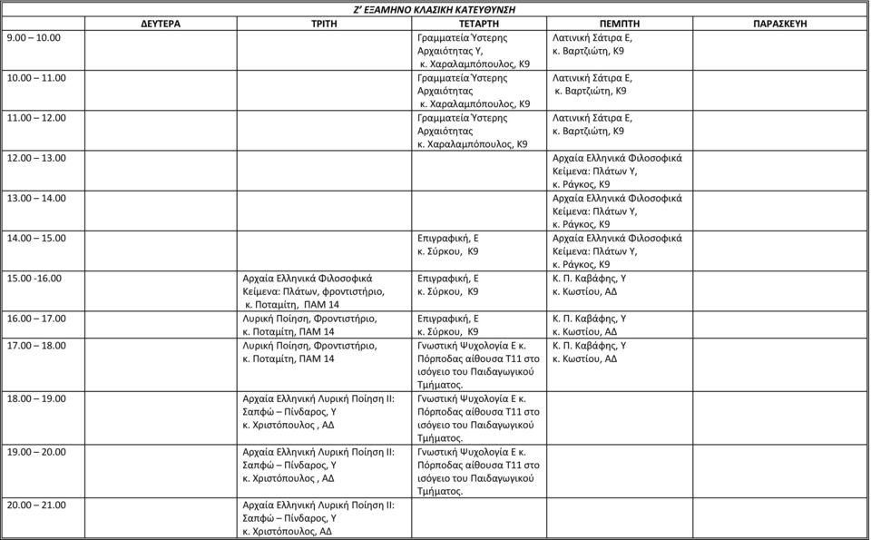 00 15.00 15.00-16.00 Κείμενα: Πλάτων, φροντιςτιριο, κ. Ποταμίτθ, ΠΑΜ 14 16.00 17.00 Λυρικι Ποίθςθ, Φροντιςτιριο, κ. Ποταμίτθ, ΠΑΜ 14 17.00 18.00 Λυρικι Ποίθςθ, Φροντιςτιριο, κ. Ποταμίτθ, ΠΑΜ 14 18.