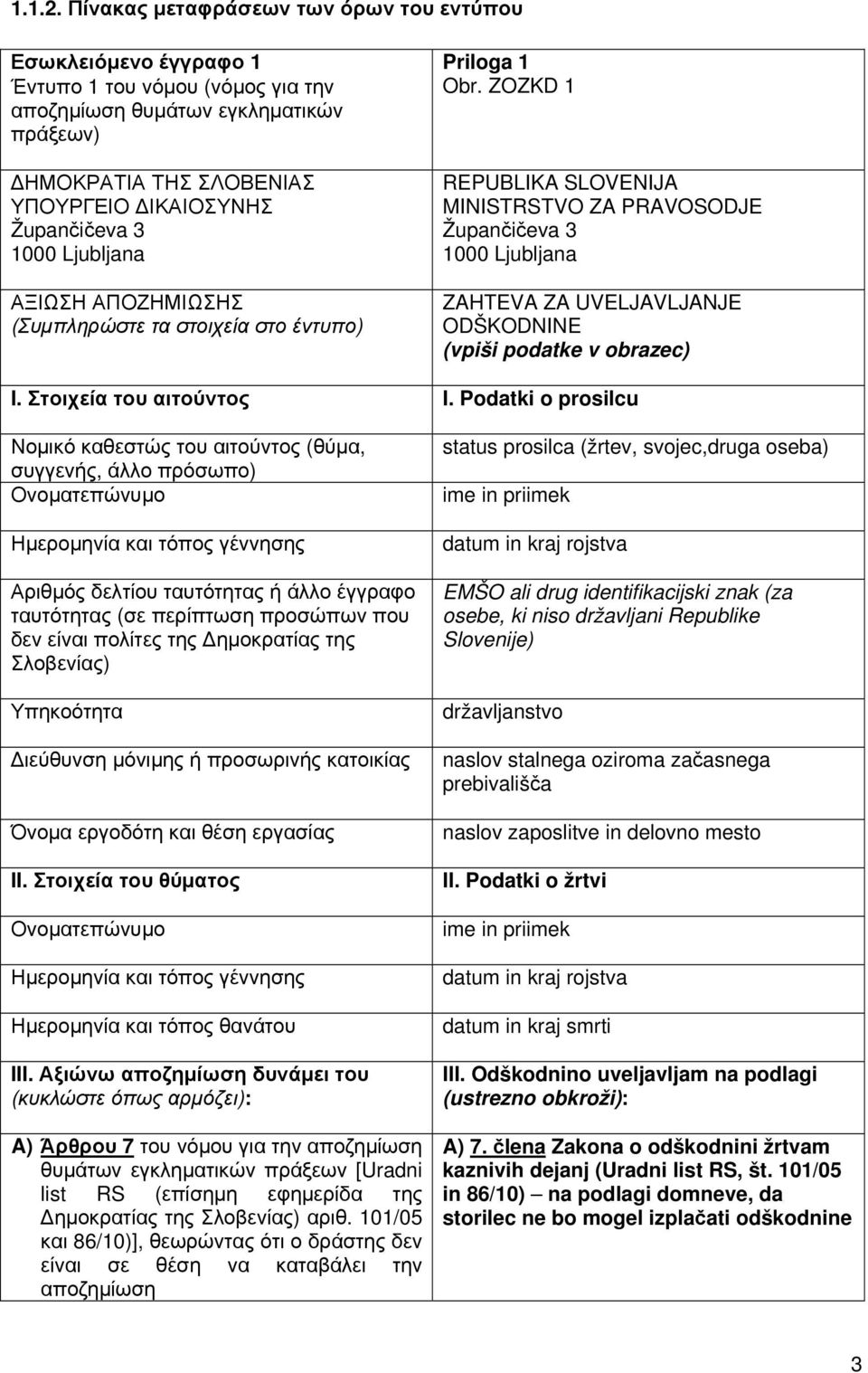 ΑΠΟΖΗΜΙΩΣΗΣ (Συμπληρώστε τα στοιχεία στο έντυπο) Priloga 1 Obr.