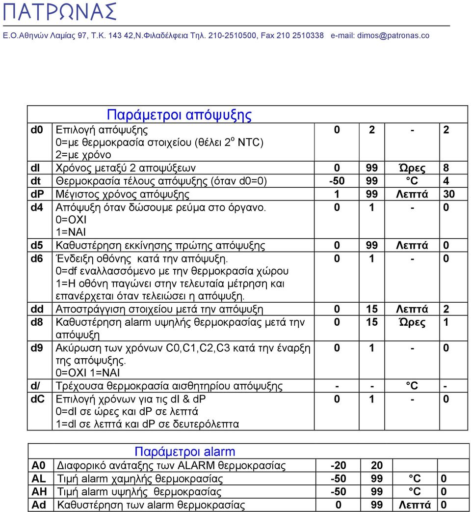 0 1-0 0=df εναλλασσόµενο µε την θερµοκρασία χώρου 1=Η οθόνη παγώνει στην τελευταία µέτρηση και επανέρχεται όταν τελειώσει η απόψυξη.