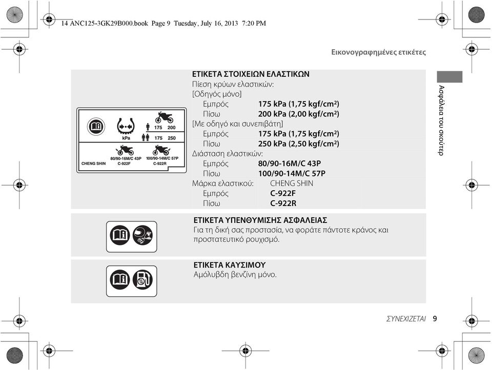 (1,75 kgf/cm 2 ) Πίσω 200 kpa (2,00 kgf/cm 2 ) [Με οδηγό και συνεπιβάτη] Εμπρός 175 kpa (1,75 kgf/cm 2 ) Πίσω 250 kpa (2,50 kgf/cm 2 ) Διάσταση