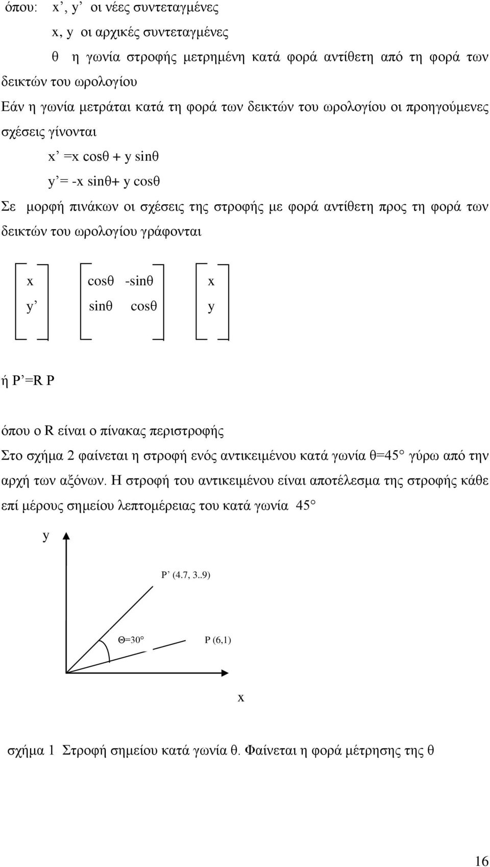 γράφονται x cosθ -sinθ x y sinθ cosθ y ή P =R P όπου ο R είναι ο πίνακας περιστροφής Στο σχήμα 2 φαίνεται η στροφή ενός αντικειμένου κατά γωνία θ=45 γύρω από την αρχή των αξόνων.