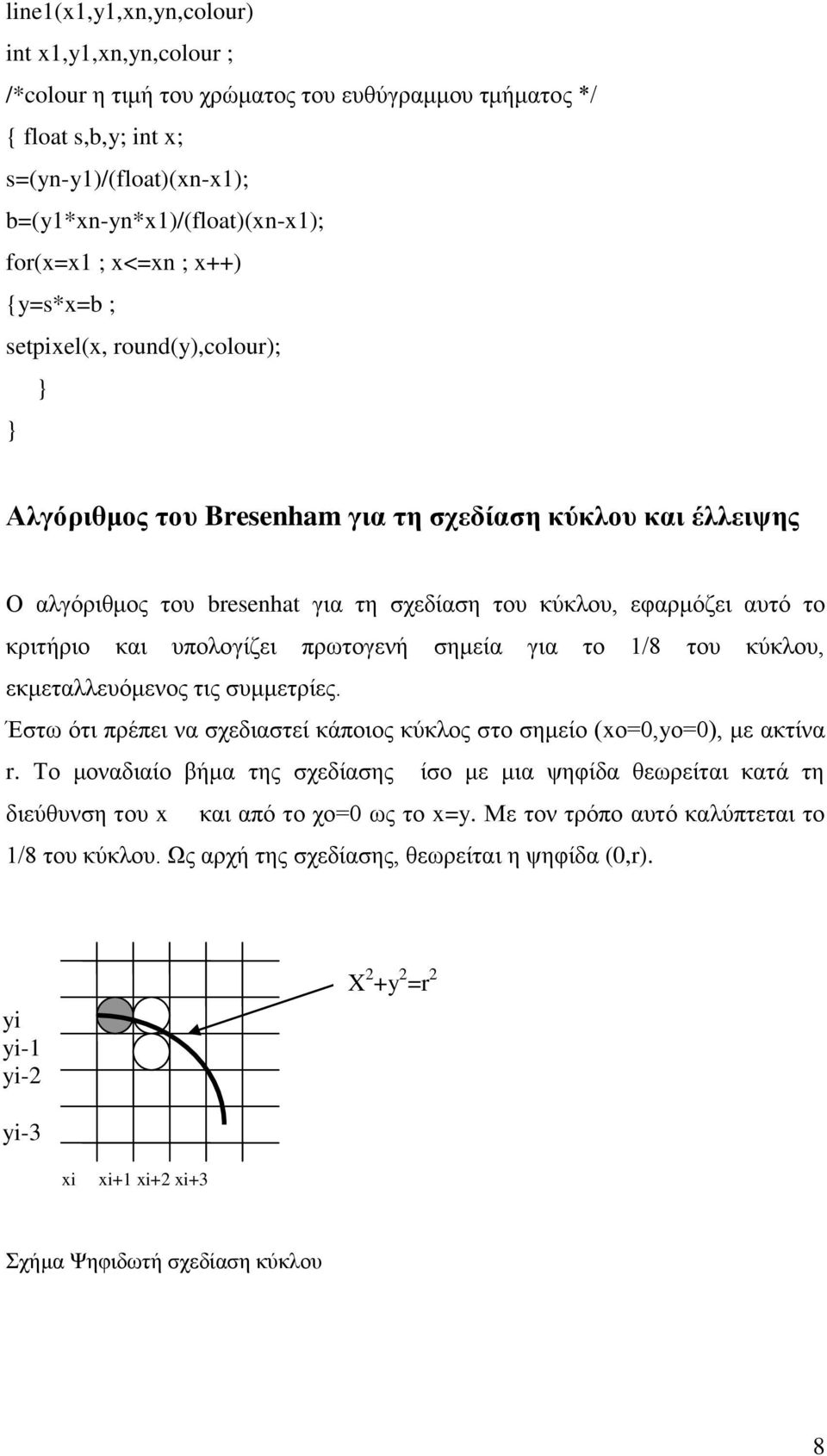 κριτήριο και υπολογίζει πρωτογενή σημεία για το 1/8 του κύκλου, εκμεταλλευόμενος τις συμμετρίες. Έστω ότι πρέπει να σχεδιαστεί κάποιος κύκλος στο σημείο (xο=0,yο=0), με ακτίνα r.