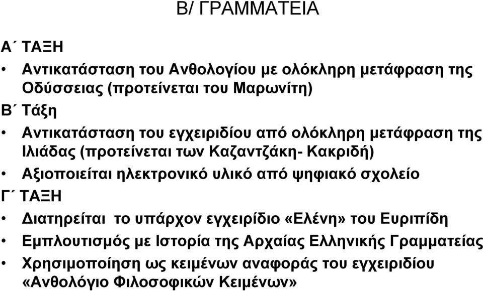 ηλεκτρονικό υλικό από ψηφιακό σχολείο Γ ΤΑΞΗ Διατηρείται το υπάρχον εγχειρίδιο «Ελένη» του Ευριπίδη Εμπλουτισμός με