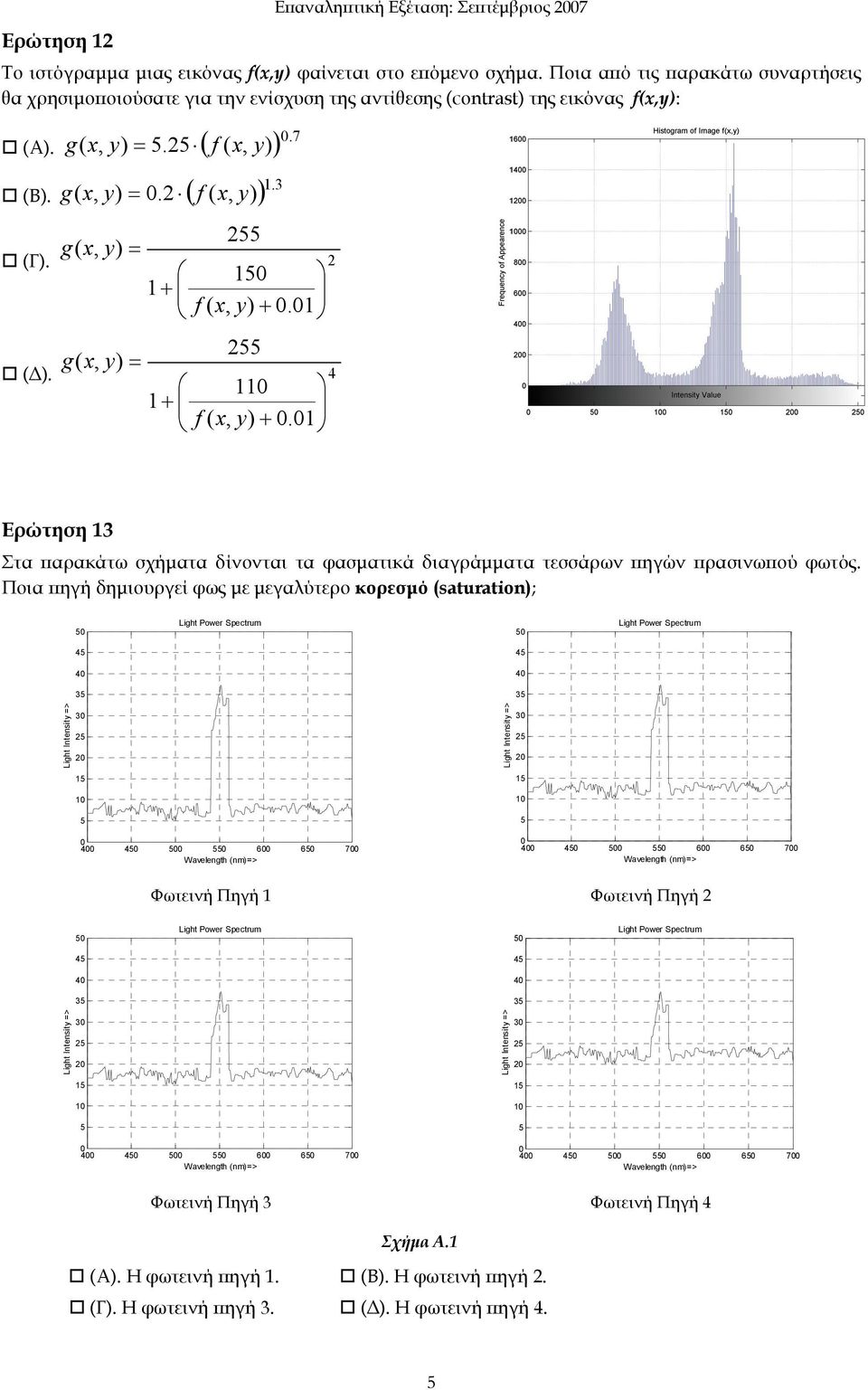 2 g( x, = 1+ (, ) 0.01 f x y + 2 (Δ). 4 1 (, ) 0.01 f x y + Ερώτηση 13 Στα παρακάτω σχήματα δίνονται τα φασματικά διαγράμματα τεσσάρων πηγών πρασινωπού φωτός.