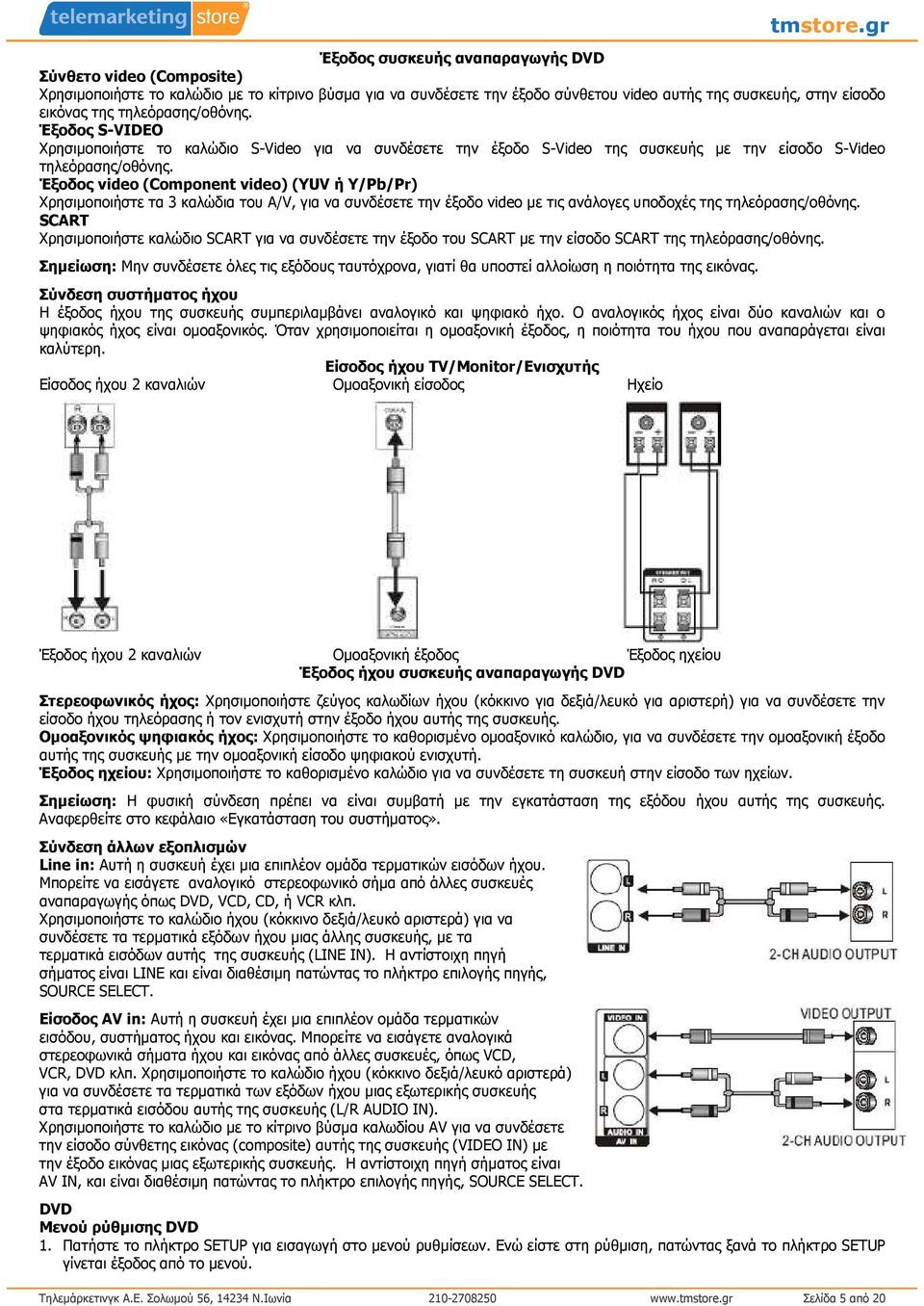 Έξοδος video (Component video) (YUV ή Υ/Pb/Pr) Χρησιµοποιήστε τα 3 καλώδια του A/V, για να συνδέσετε την έξοδο video µε τις ανάλογες υποδοχές της τηλεόρασης/οθόνης.