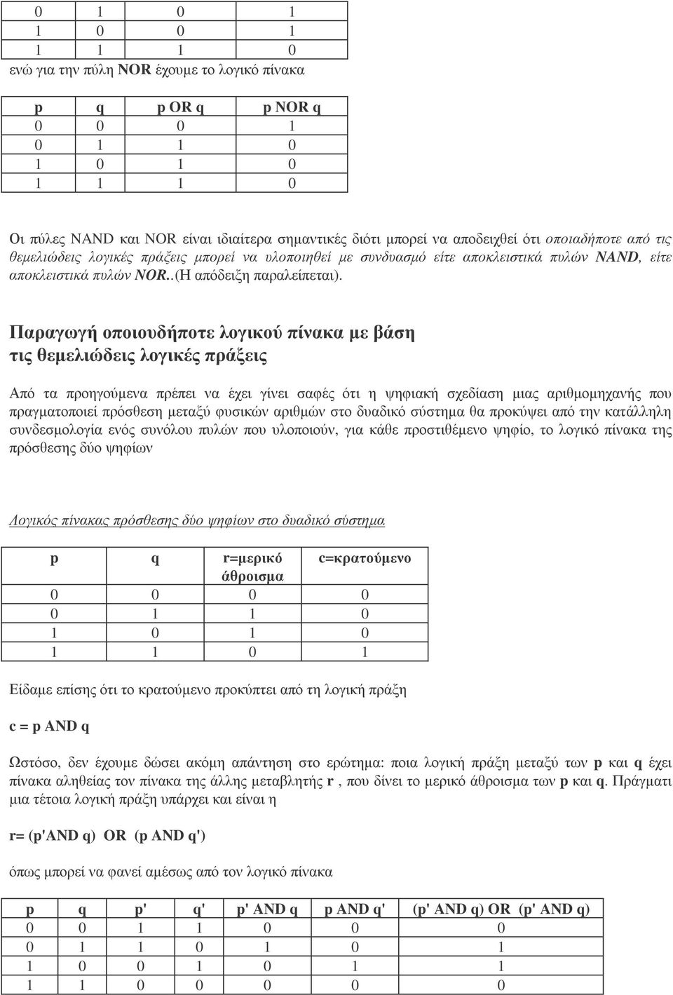 Παραγωγή οποιουδήποτε λογικού πίνακα µε βάση τις θεµελιώδεις λογικές πράξεις Από τα προηγούµενα πρέπει να έχει γίνει σαφές ότι η ψηφιακή σχεδίαση µιας αριθµοµηχανής που πραγµατοποιεί πρόσθεση µεταξύ