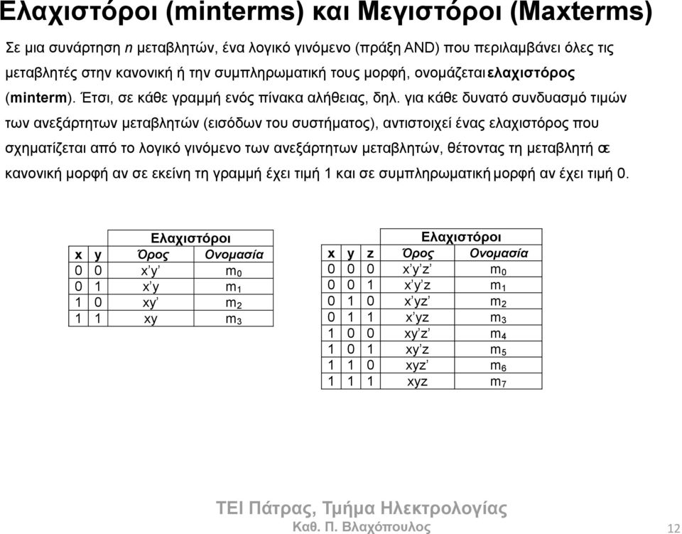 γηα θάζε δπλαηό ζπλδπαζκό ηηκώλ ησλ αλεμάξηεησλ κεηαβιεηώλ (εηζόδσλ ηνπ ζπζηήκαηνο), αληηζηνηρεί έλαο ειαρηζηόξνο πνπ ζρεκαηίδεηαη από ην ινγηθό γηλόκελν ησλ αλεμάξηεησλ κεηαβιεηώλ, ζέηνληαο ηε