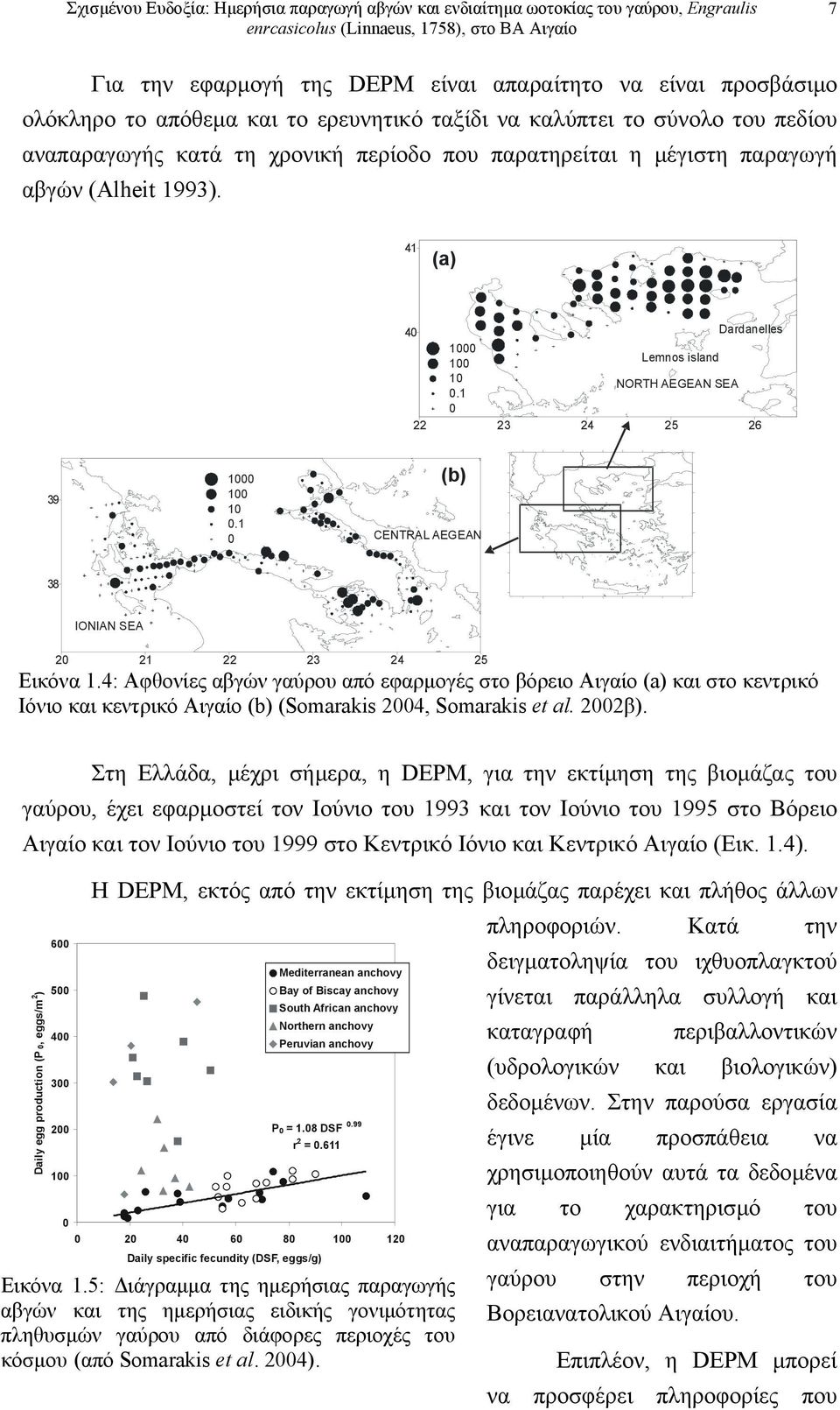 4: Αφθονίες αβγών γαύρου από εφαρµογές στο βόρειο Αιγαίο (a) και στο κεντρικό Ιόνιο και κεντρικό Αιγαίο (b) (Somarakis 24, Somarakis et al. 22β).