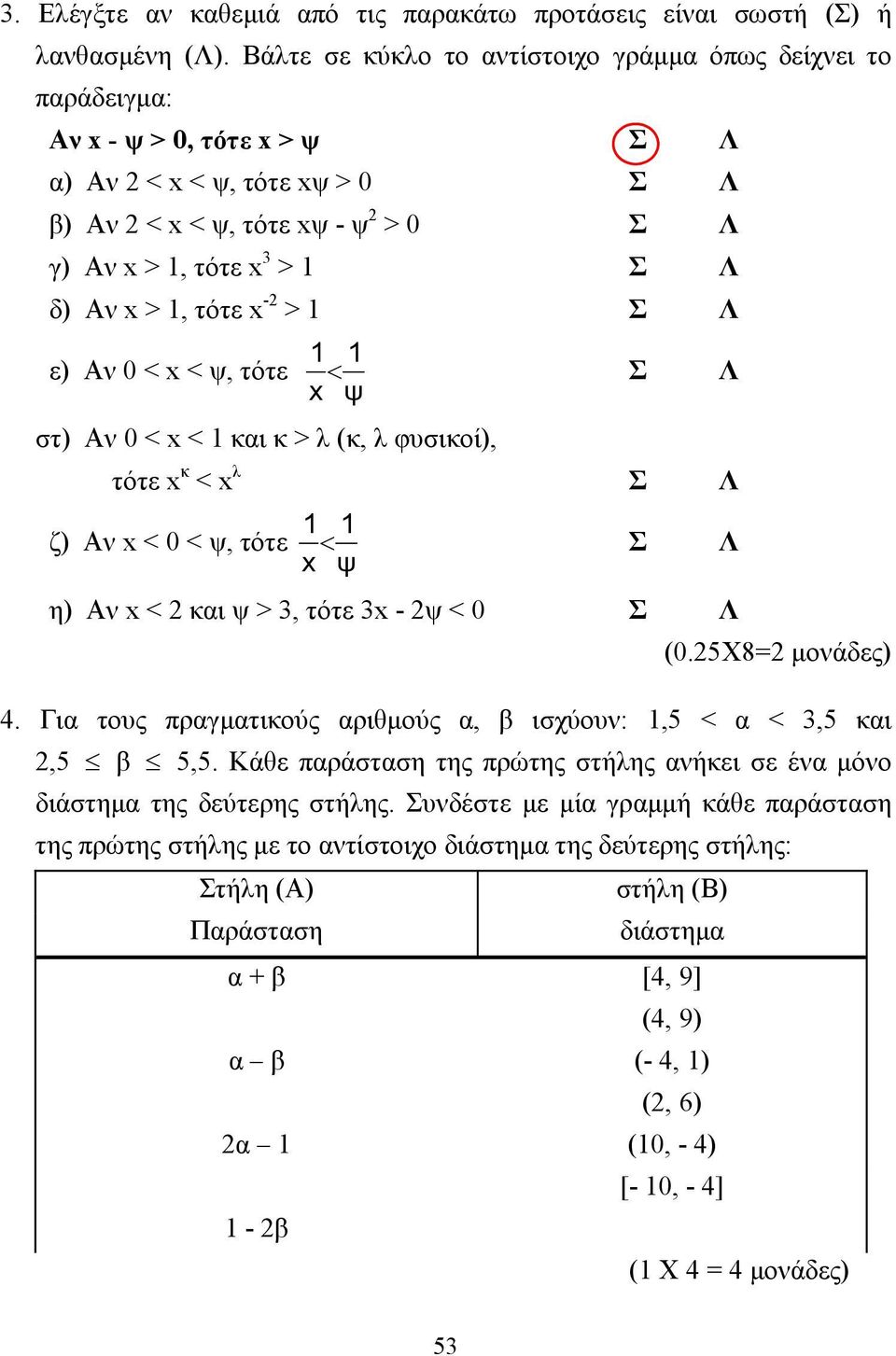 Αν x > 1, τότε x -2 > 1 Σ Λ ε) Αν 0 < x < ψ, τότε 1 1 < x ψ Σ Λ στ) Αν 0 < x < 1 και κ > λ (κ, λ φυσικοί), τότε x κ < x λ Σ Λ 1 1 ζ) Αν x < 0 < ψ, τότε < x ψ Σ Λ η) Αν x < 2 και ψ > 3, τότε 3x - 2ψ <