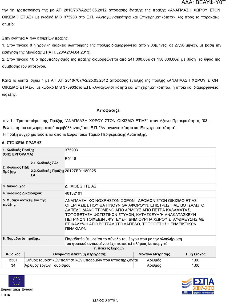 00 σε 150,000.00, με βάση το ύψος της σύμβασης του υποέργου. Κατά τα λοιπά ισχύει η με ΑΠ ΑΠ 2810/767/A2/25.05.