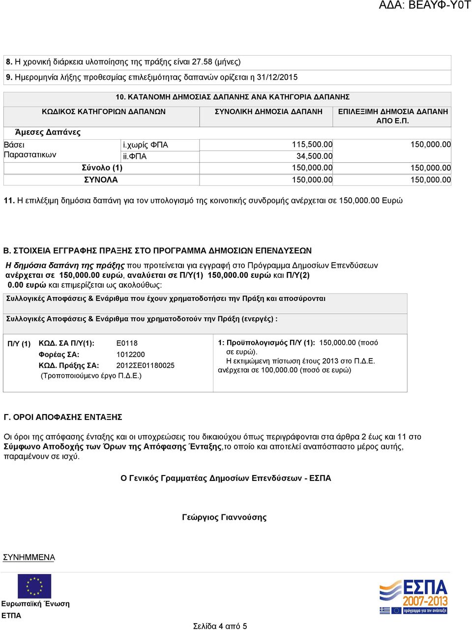 00 34,500.00 Σύνολο (1) 150,000.00 ΣΥΝΟΛΑ 150,000.00 150,000.00 150,000.00 150,000.00 11. Η επιλέξιμη δημόσια δαπάνη για τον υπολογισμό της κοινοτικής συνδρομής ανέρχεται σε 150,000.00 Ευρώ Β.