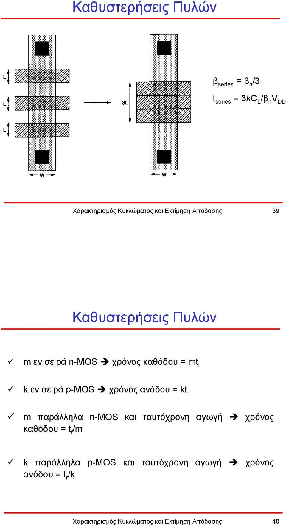 p-mos χρόνος ανόδου = k r m παράλληλα n-mos και ταυτόχρονη αγωγή χρόνος καθόδου = f /m k