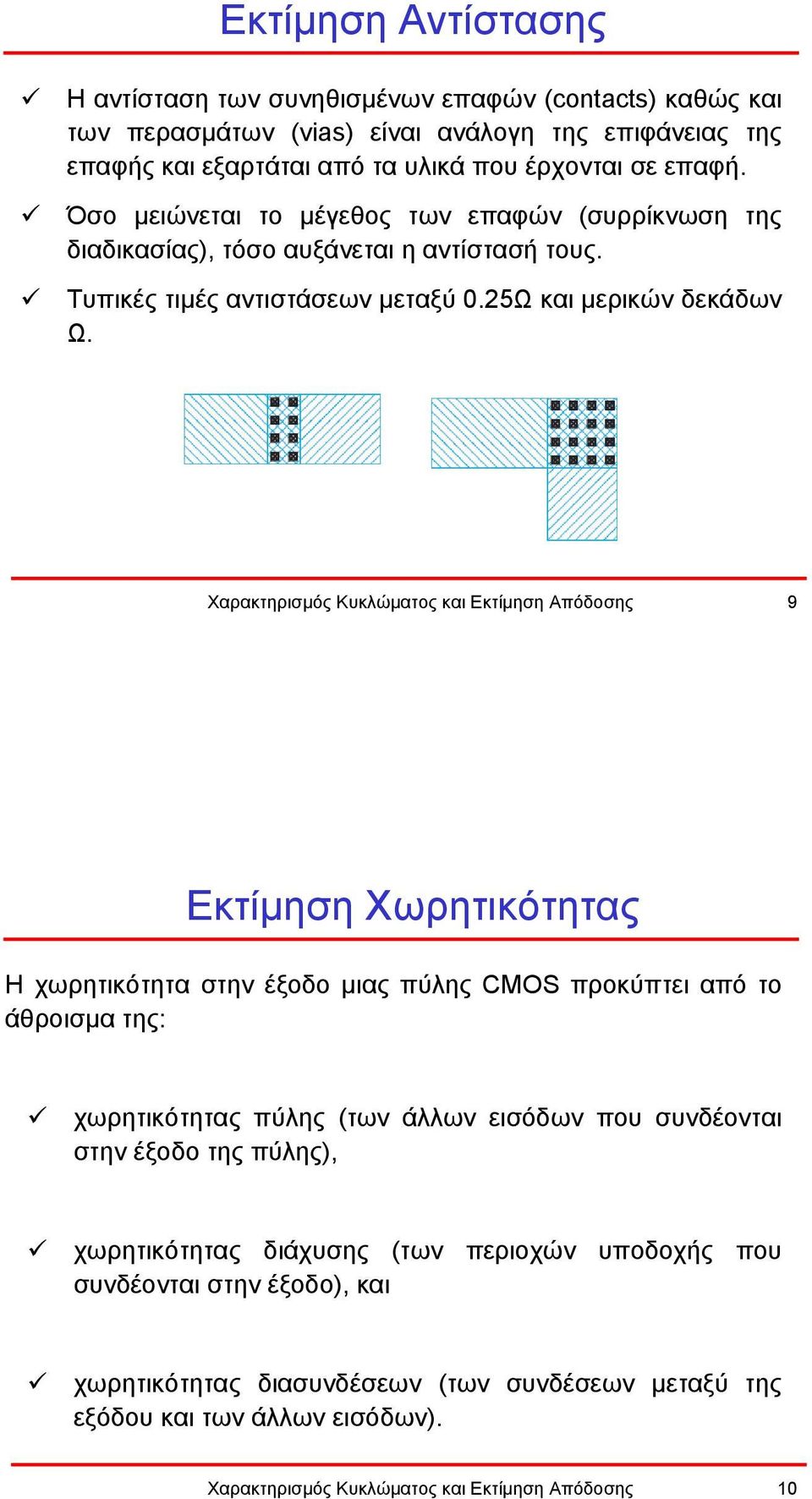 Χαρακτηρισµός Κυκλώµατος και Εκτίµηση Απόδοσης 9 Εκτίµηση Χωρητικότητας Η χωρητικότητα στην έξοδο µιας πύλης CMOS προκύπτει από το άθροισµα της: χωρητικότητας πύλης (των άλλων εισόδων που