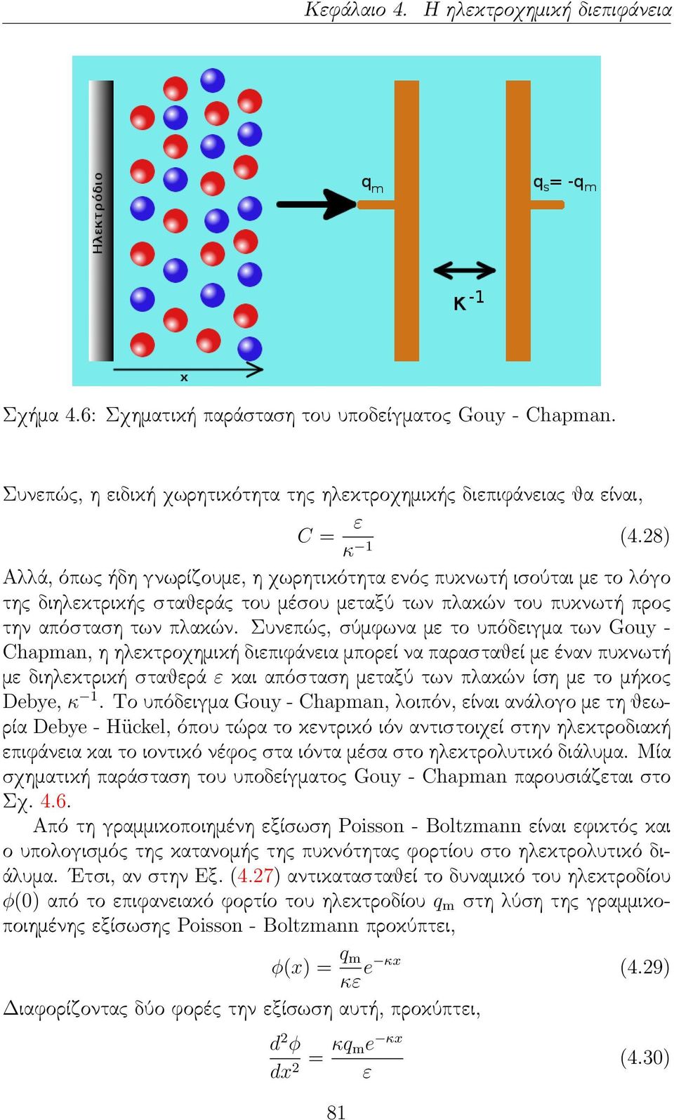 Συνεπώς, σύμφωνα με το υπόδειγμα των Gouy - Chapman, η ηλεκτροχημική διεπιφάνεια μπορεί να παρασταθεί με έναν πυκνωτή με διηλεκτρική σταθερά ε και απόσταση μεταξύ των πλακών ίση με το μήκος Debye, κ