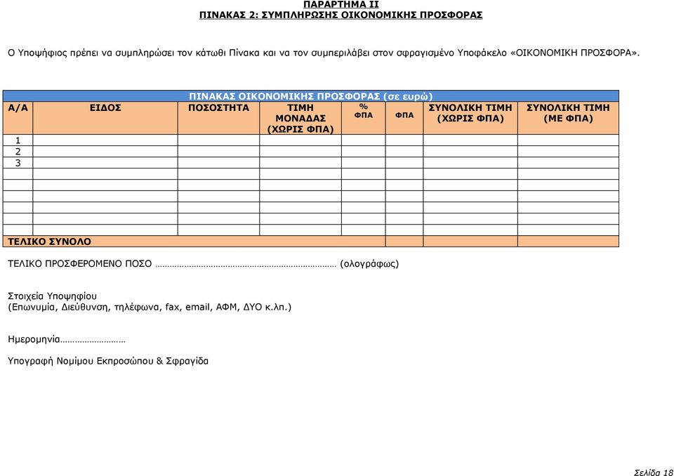 ΠΙΝΑΚΑΣ ΟΙΚΟΝΟΜΙΚΗΣ ΠΡΟΣΦΟΡΑΣ (σε ευρώ) % ΦΠΑ ΦΠΑ Α/Α ΕΙΔΟΣ ΠΟΣΟΣΤΗΤΑ ΤΙΜΗ ΜΟΝΑΔΑΣ (ΧΩΡΙΣ ΦΠΑ) 1 2 3 ΣΥΝΟΛΙΚΗ ΤΙΜΗ (ΧΩΡΙΣ ΦΠΑ)