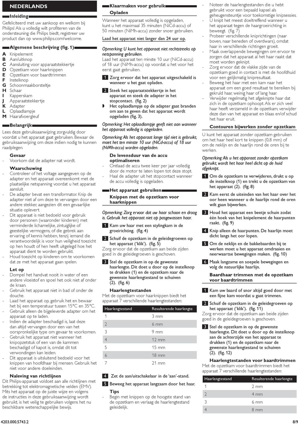 1) A Knipelement B Aan/uitknop C Aansluiting voor apparaatstekkertje D Opzetkam voor haarknippen E Opzetkam voor baardtrimmen F Instelknop G Schoonmaakborsteltje H Schaar I Kapperskam J