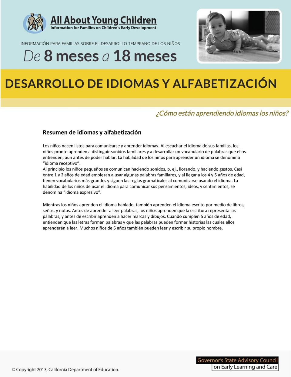 La habilidad de los niños para aprender un idioma se denomina ΏΎ ΎήΦ ν κϋύϱή Ή Al principio los niños pequeños se comunican haciendo sonidos, p. ej., llorando, y haciendo gestos.