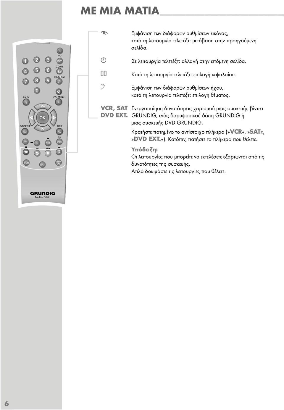 F Εµφάνιση των διάφορων ρυθµίσεων ήχου, κατά τη λειτουργία τελετέξτ: επιλογή θέµατος. VCR, SAT Ενεργοποίηση δυνατότητας χειρισµού µιας συσκευής βίντεο DVD EXT.
