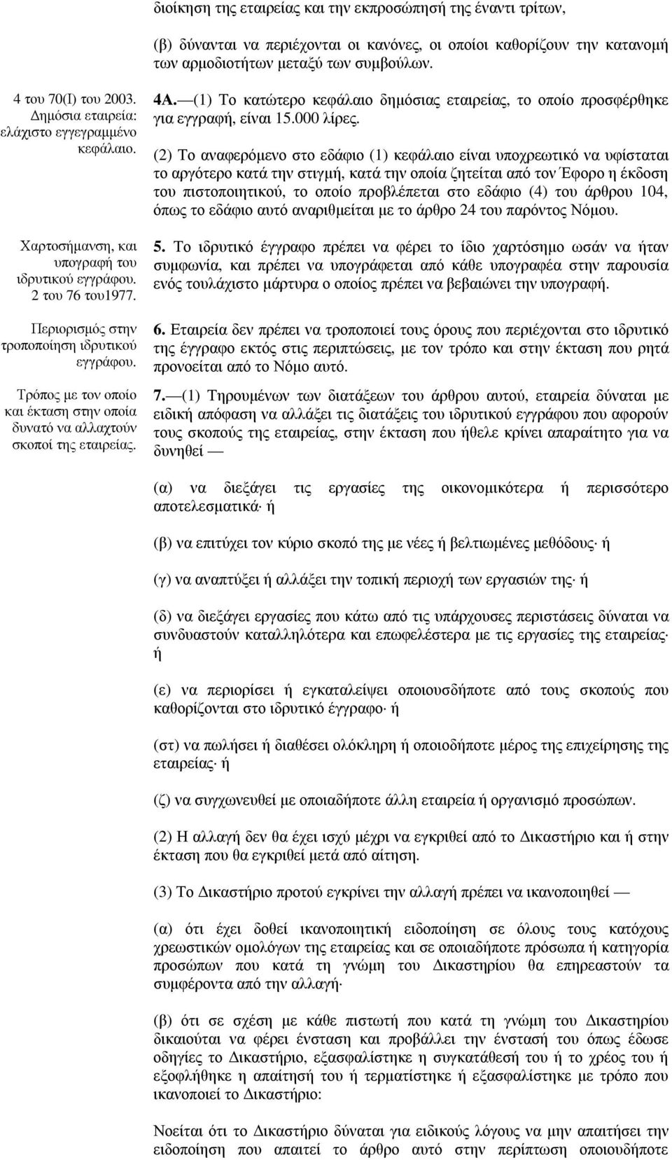 Τρόπος µε τον οποίο και έκταση στην οποία δυνατό να αλλαχτούν σκοποί της εταιρείας. 4Α. (1) Το κατώτερο κεφάλαιο δηµόσιας εταιρείας, το οποίο προσφέρθηκε για εγγραφή, είναι 15.000 λίρες.