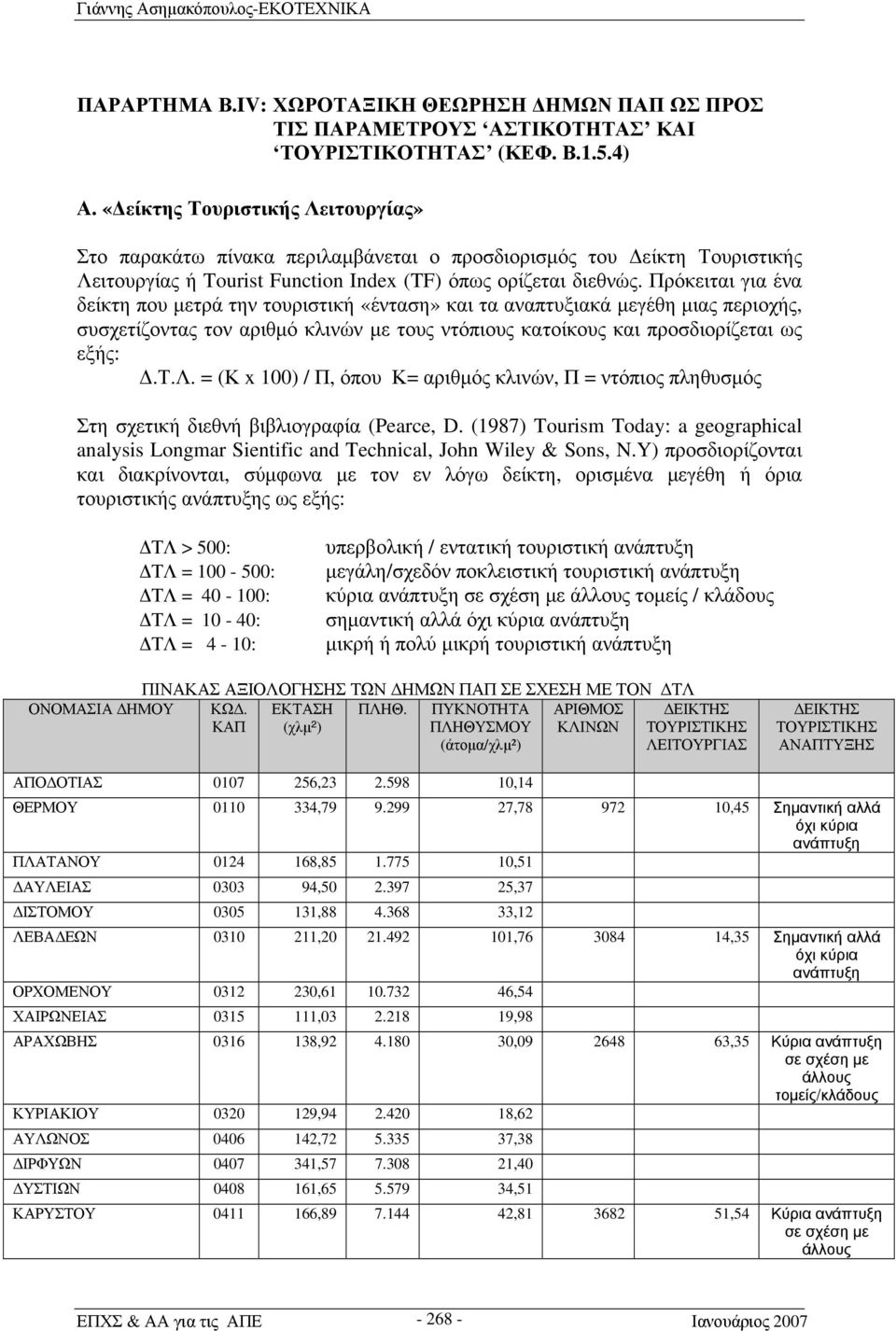 Πρόκειται για ένα δείκτη που μετρά την τουριστική «ένταση» και τα αναπτυξιακά μεγέθη μιας περιοχής, συσχετίζοντας τον αριθμό κλινών με τους ντόπιους κατοίκους και προσδιορίζεται ως εξής: Δ.Τ.Λ.