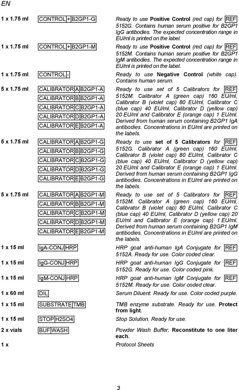 Contains human serum positive for B2GP1 IgM antibodies. The expected concentration range in EU/ml is printed on the label. 1 x 1.75 ml [CONTROL -] Ready to use Negative Control (white cap).