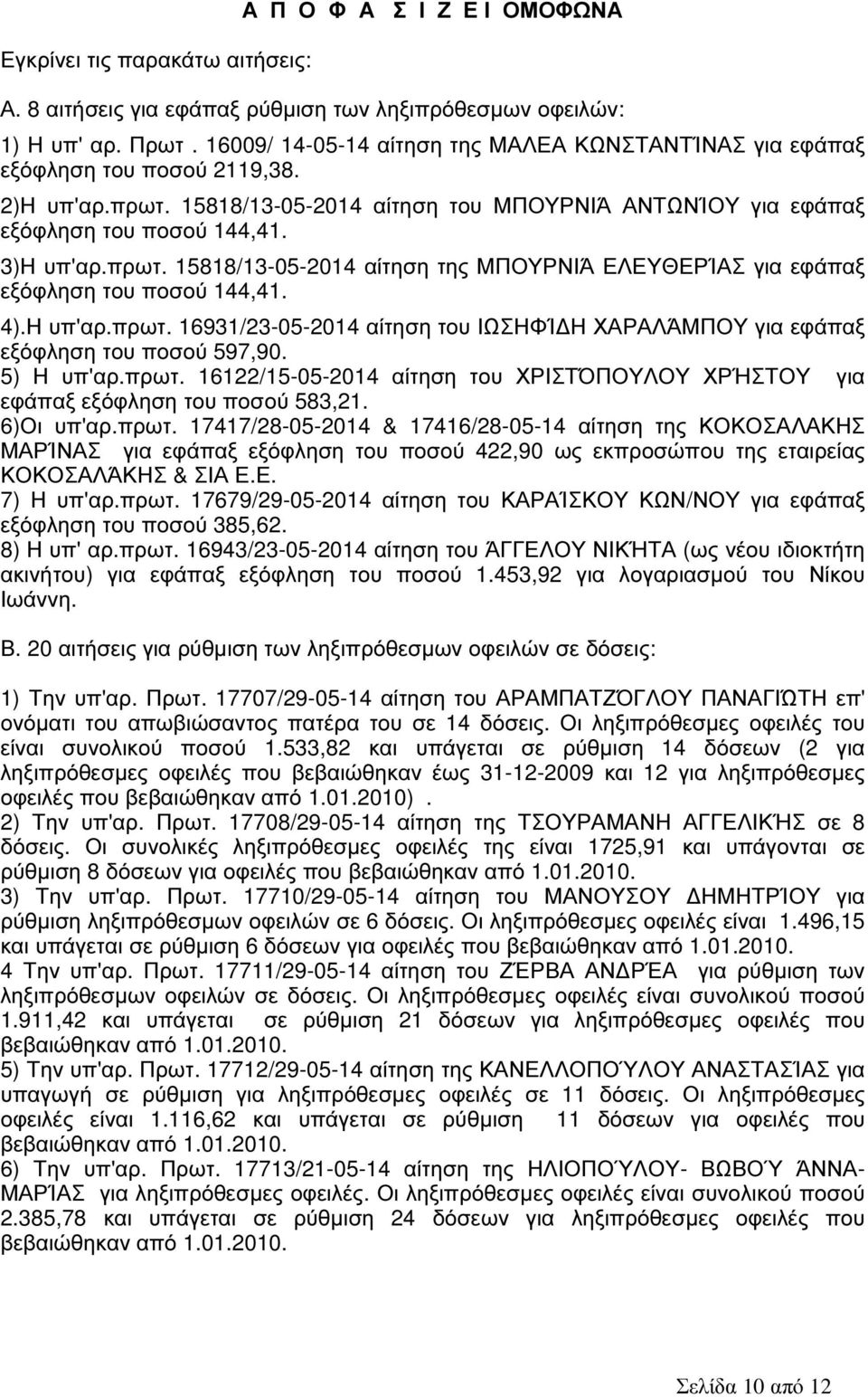 4).Η υπ'αρ.πρωτ. 16931/23-05-2014 αίτηση του ΙΩΣΗΦΊ Η ΧΑΡΑΛΆΜΠΟΥ για εφάπαξ εξόφληση του ποσού 597,90. 5) Η υπ'αρ.πρωτ. 16122/15-05-2014 αίτηση του ΧΡΙΣΤΌΠΟΥΛΟΥ ΧΡΉΣΤΟΥ για εφάπαξ εξόφληση του ποσού 583,21.