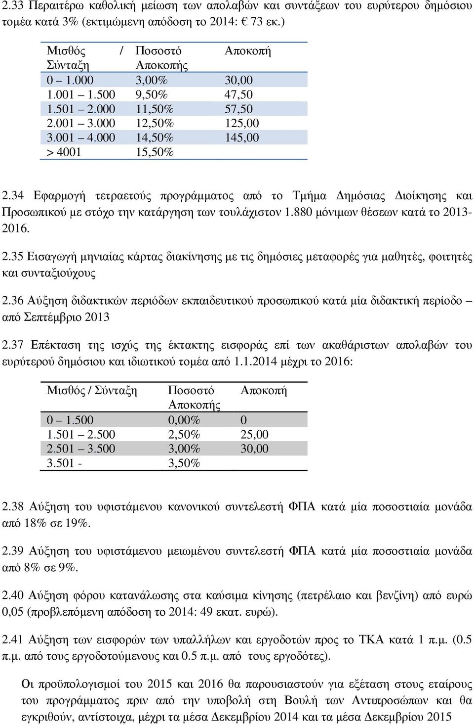 34 Εφαρμογή τετραετούς προγράμματος από το Τμήμα Δημόσιας Διοίκησης και Προσωπικού με στόχο την κατάργηση των τουλάχιστον 1.880 μόνιμων θέσεων κατά το 20