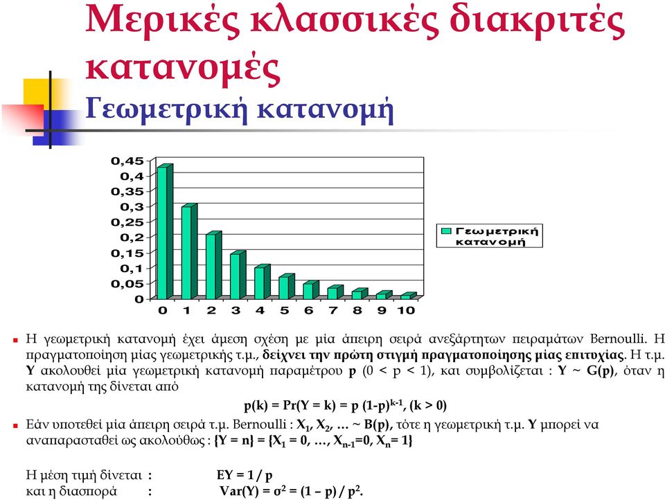 αραµέτρου p (0 < p < 1), και συµβολίζεται : Υ ~ G(p), όταν η κατανοµή της δίνεται α ό p(k) = Pr(Y = k) = p (1-p) k-1, (k > 0) Εάν υ οτεθεί µία ά ειρη σειρά τ.µ. Bernoulli : X 1, X 2, ~ B(p), τότε η γεωµετρική τ.