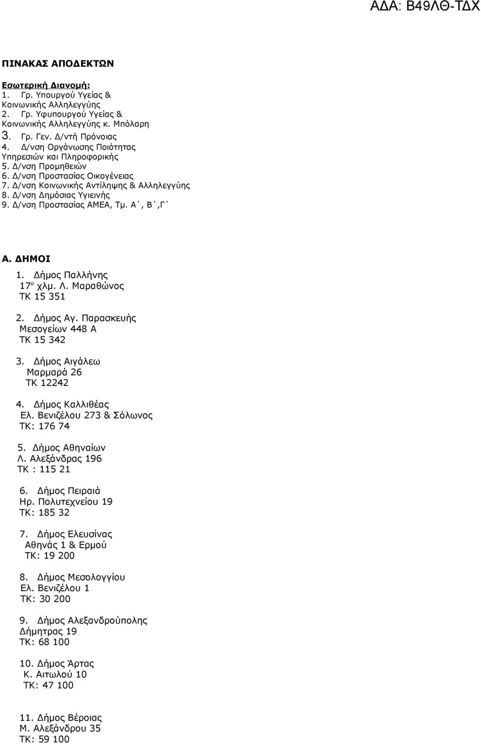 Δ/νση Προστασίας ΑΜΕΑ, Τμ. Α, Β,Γ Α. ΔΗΜΟΙ 1. Δήμος Παλλήνης 17 ο χλμ. Λ. Μαραθώνος ΤΚ 15 351 2. Δήμος Αγ. Παρασκευής Μεσογείων 448 Α ΤΚ 15 342 3. Δήμος Αιγάλεω Μαρμαρά 26 ΤΚ 12242 4.