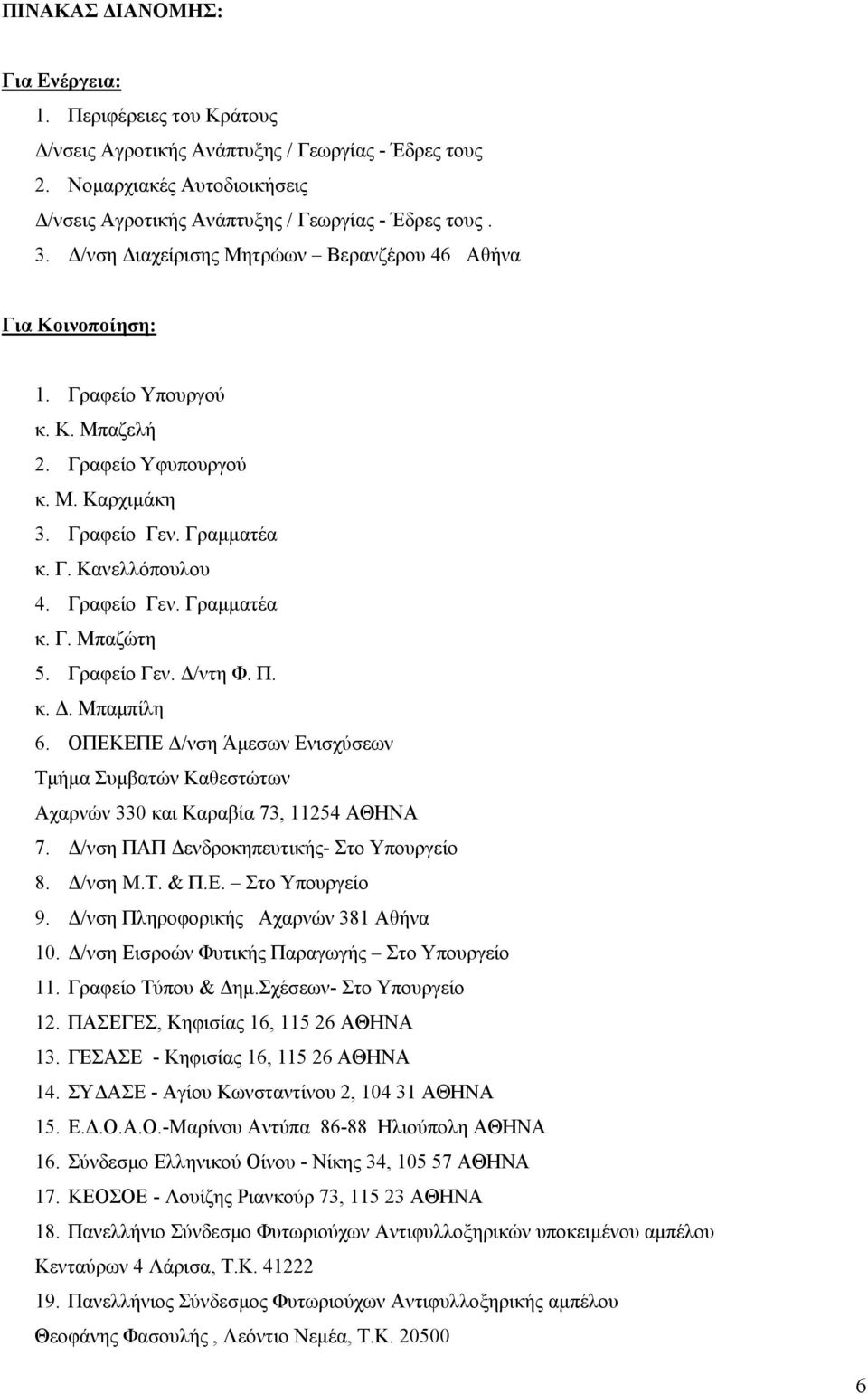 Γραφείο Γεν. /ντη Φ. Π. κ.. Μπαµπίλη 6. ΟΠΕΚΕΠΕ /νση Άµεσων Ενισχύσεων Τµήµα Συµβατών Καθεστώτων Αχαρνών 330 και Καραβία 73, 11254 ΑΘΗΝΑ 7. /νση ΠΑΠ ενδροκηπευτικής- Στο Υπουργείο 8. /νση Μ.Τ. & Π.Ε. Στο Υπουργείο 9.