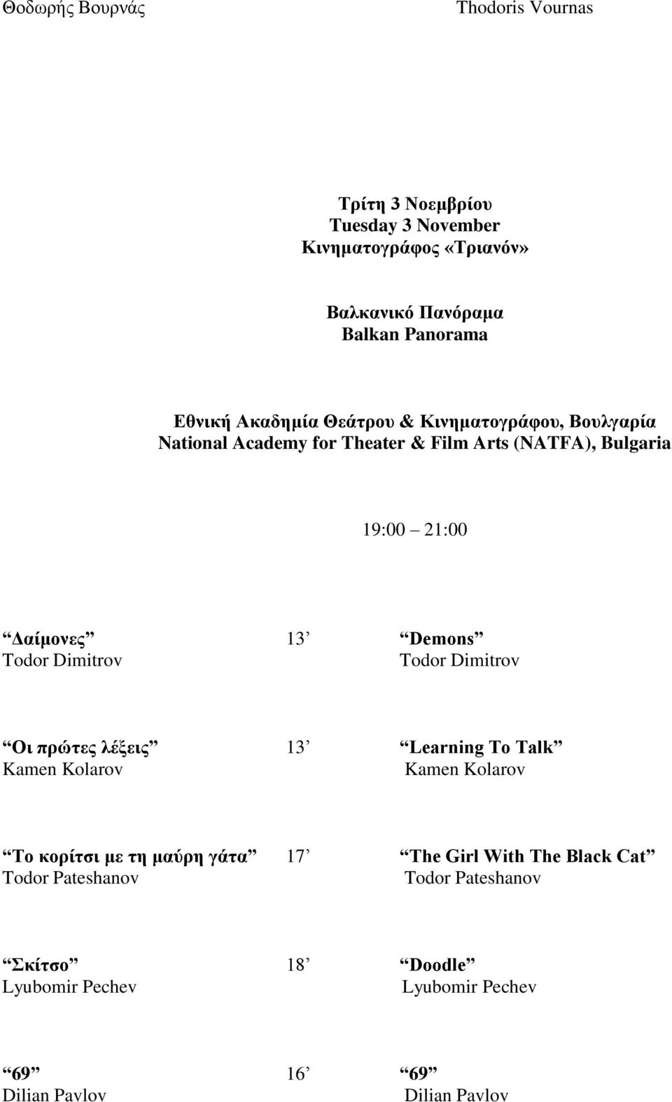 Dimitrov Todor Dimitrov Οι πρώτες λέξεις 13 Learning To Talk Kamen Kolarov Kamen Kolarov Το κορίτσι με τη μαύρη γάτα 17 The Girl