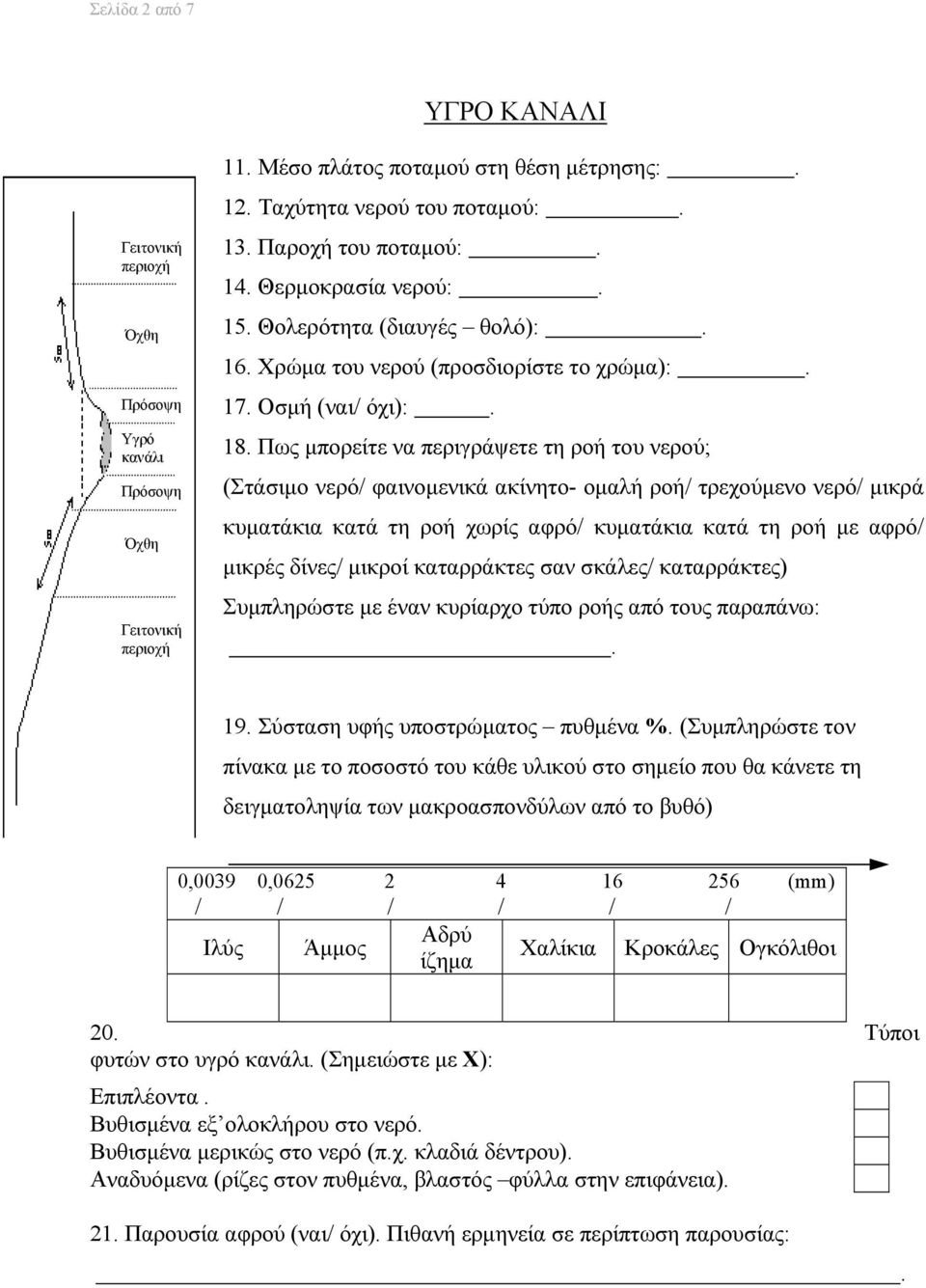 αφρό/ κυματάκια κατά τη ροή με αφρό/ μικρές δίνες/ μικροί καταρράκτες σαν σκάλες/ καταρράκτες) Συμπληρώστε με έναν κυρίαρχο τύπο ροής από τους παραπάνω: 19 Σύσταση υφής υποστρώματος πυθμένα %