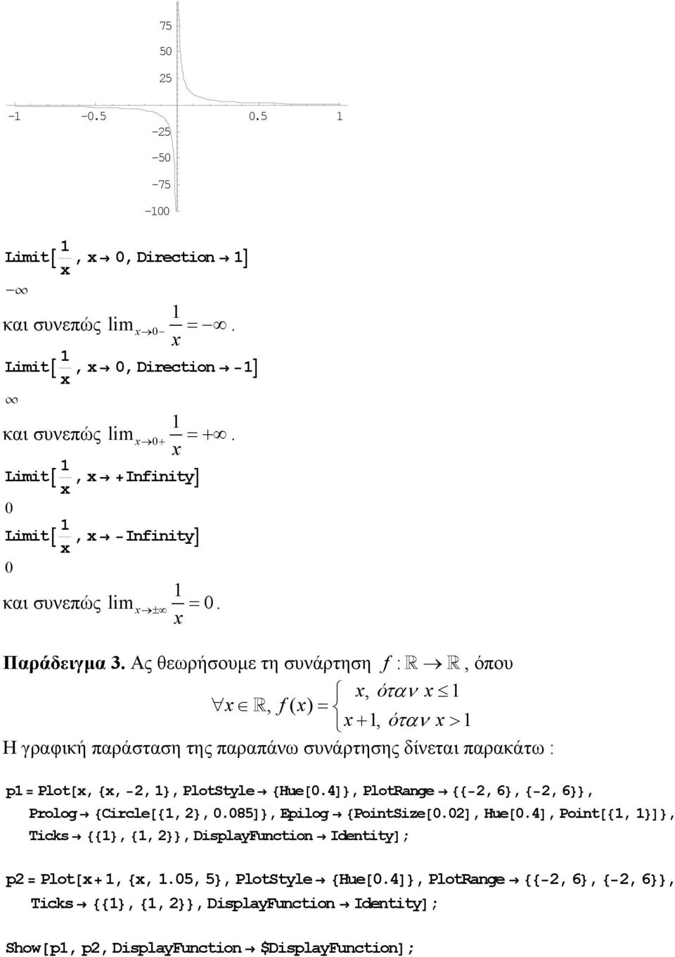 Ας θεωρήσουµε τη συνάρτηση f :, όπου x, όταν x x, f( x) = x +, όταν x > Η γραφική παράσταση της παραπάνω συνάρτησης δίνεται παρακάτω : p = Plot@x, 8x,, <, PlotStyle 8Hue@0.