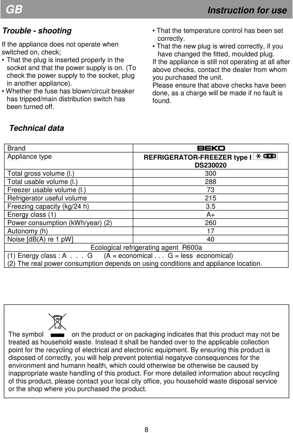 Instruction for use That the temperature control has been set correctly. That the new plug is wired correctly, if you have changed the fitted, moulded plug.