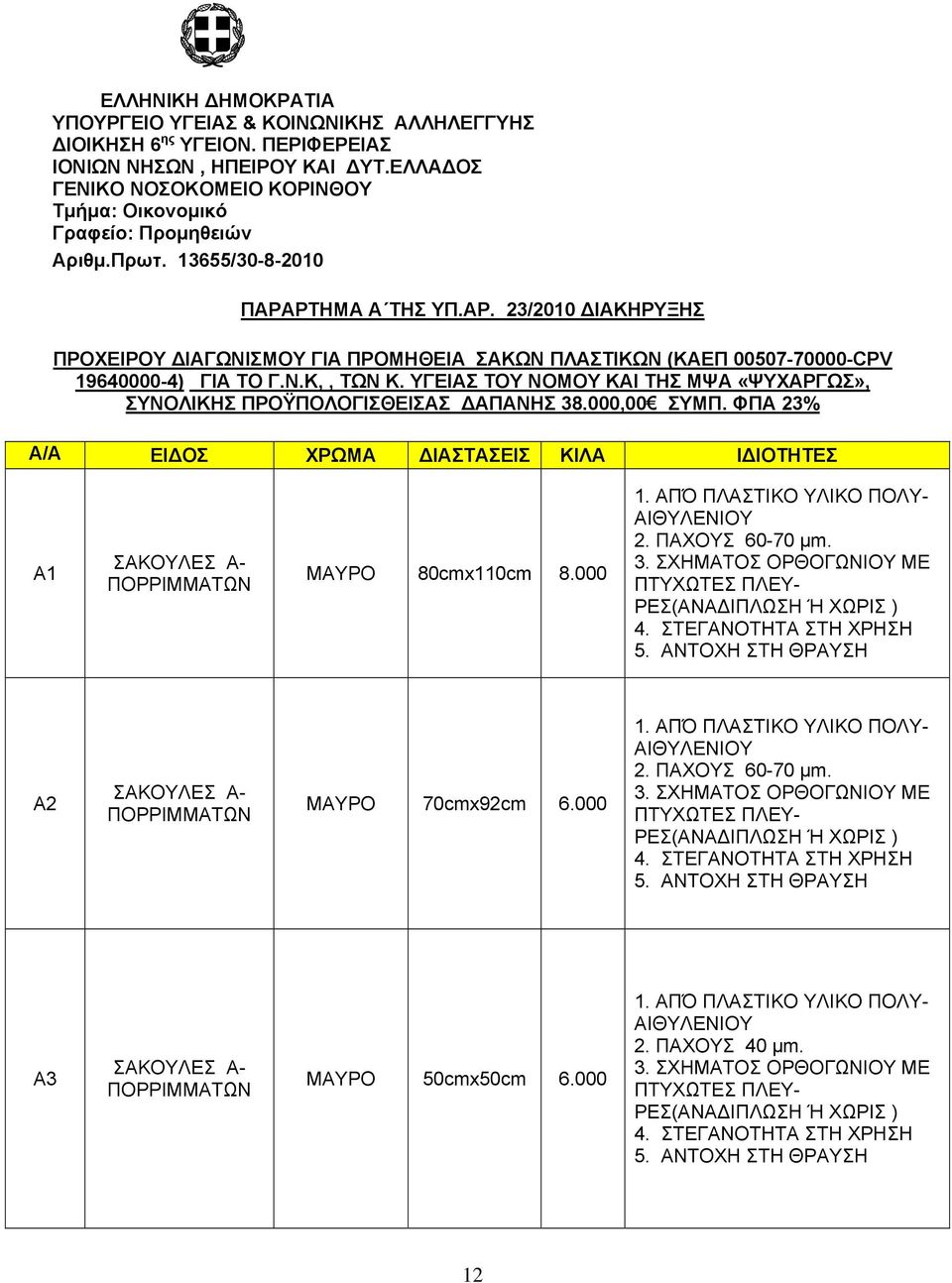 ΡΤΗΜΑ Α ΤΗΣ ΥΠ.ΑΡ. 23/2010 ΔΙΑΚΗΡΥΞΗΣ ΠΡΟΧΕΙΡΟΥ ΔΙΑΓΩΝΙΣΜΟΥ ΓΙΑ ΠΡΟΜΗΘΕΙΑ ΣΑΚΩΝ ΠΛΑΣΤΙΚΩΝ (ΚΑΕΠ 00507-70000-CPV 19640000-4) ΓΙΑ ΤΟ Γ.Ν.Κ,, ΤΩΝ Κ.