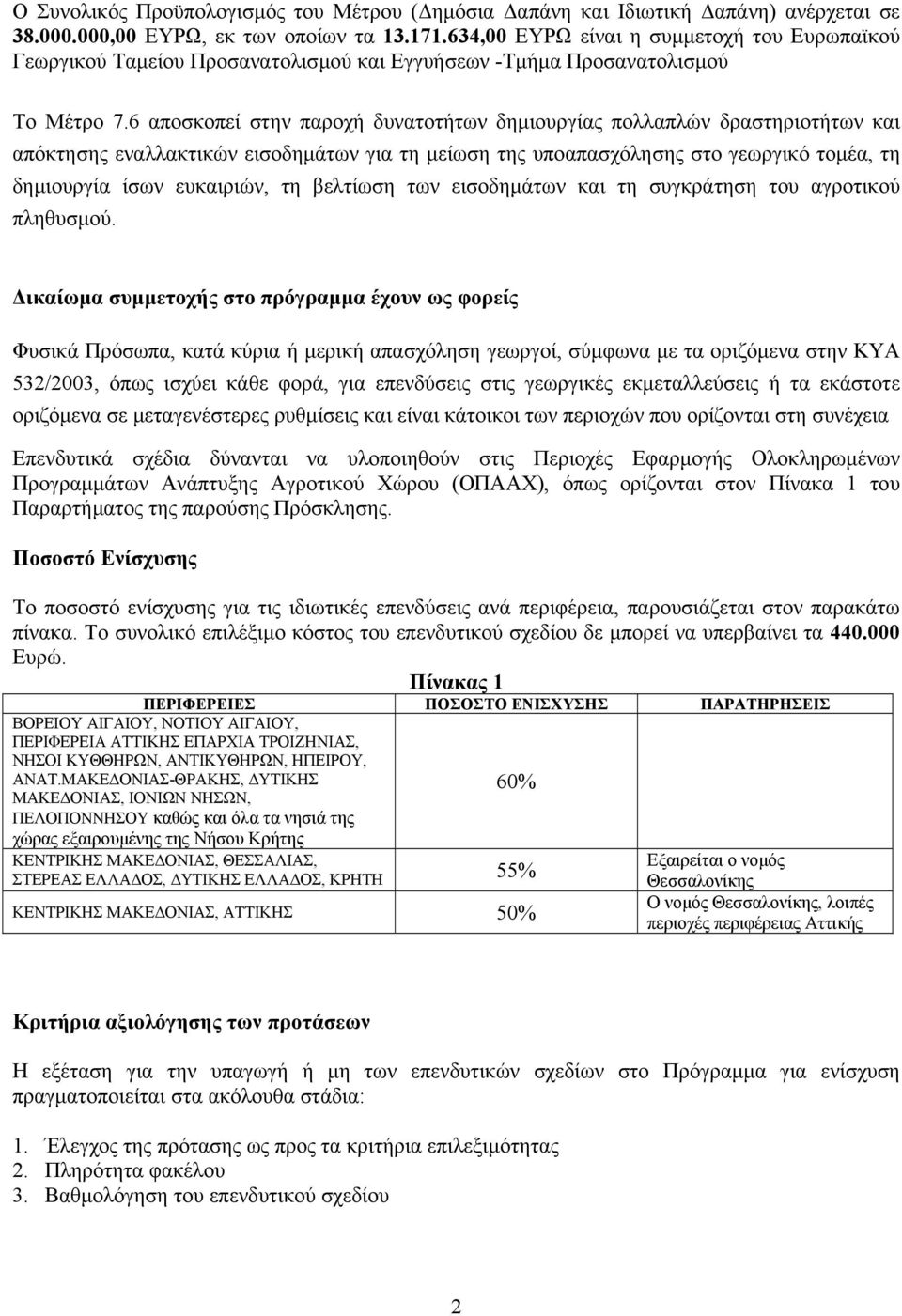 6 αποσκοπεί στην παροχή δυνατοτήτων δηµιουργίας πολλαπλών δραστηριοτήτων και απόκτησης εναλλακτικών εισοδηµάτων για τη µείωση της υποαπασχόλησης στο γεωργικό τοµέα, τη δηµιουργία ίσων ευκαιριών, τη