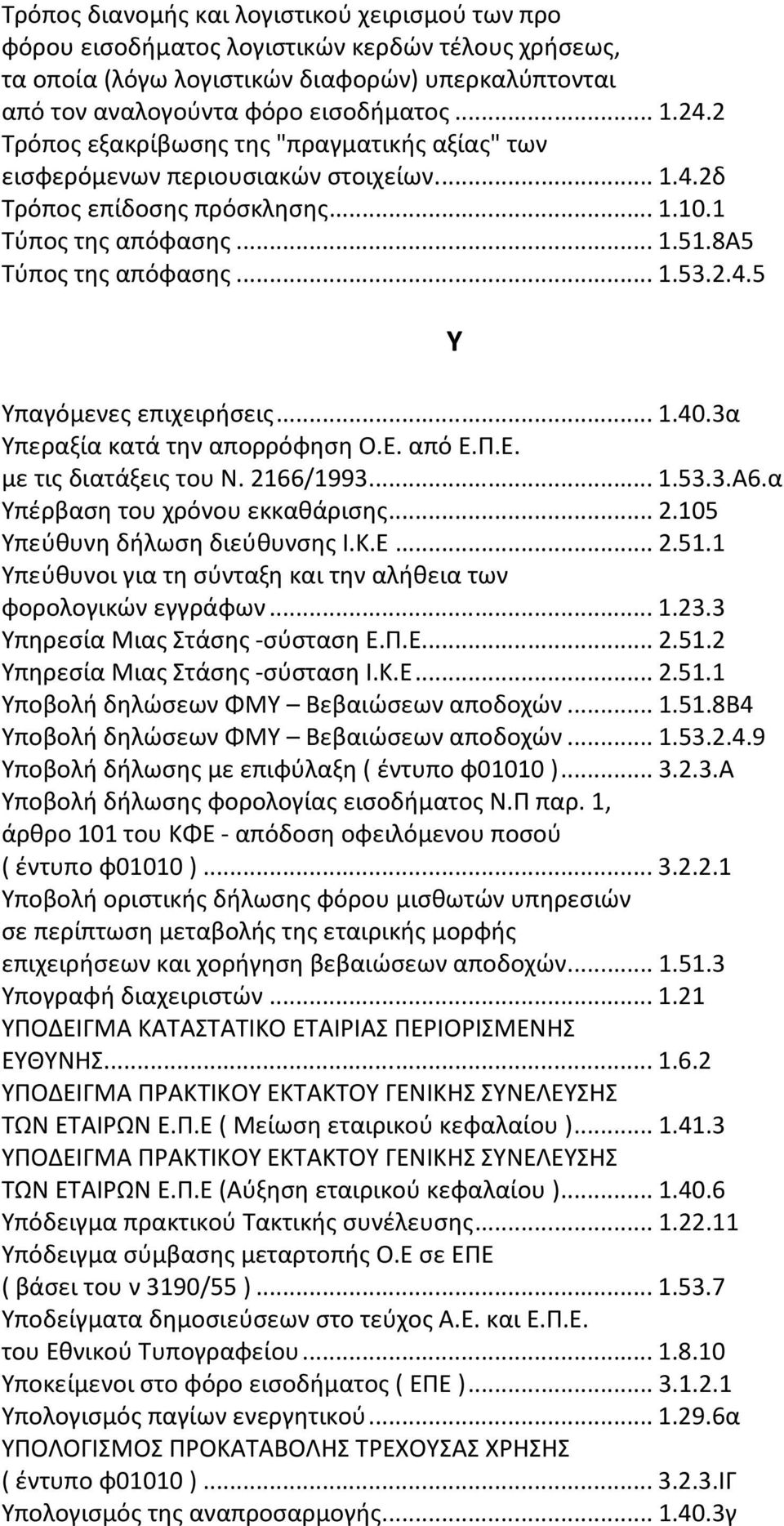 ..1.40.3α Υπεραξία κατά την απορρόφηση Ο.Ε. από Ε.Π.Ε. με τις διατάξεις του Ν. 2166/1993...1.53.3.Α6.α Υπέρβαση του χρόνου εκκαθάρισης...2.105 Υπεύθυνη δήλωση διεύθυνσης Ι.Κ.Ε...2.51.