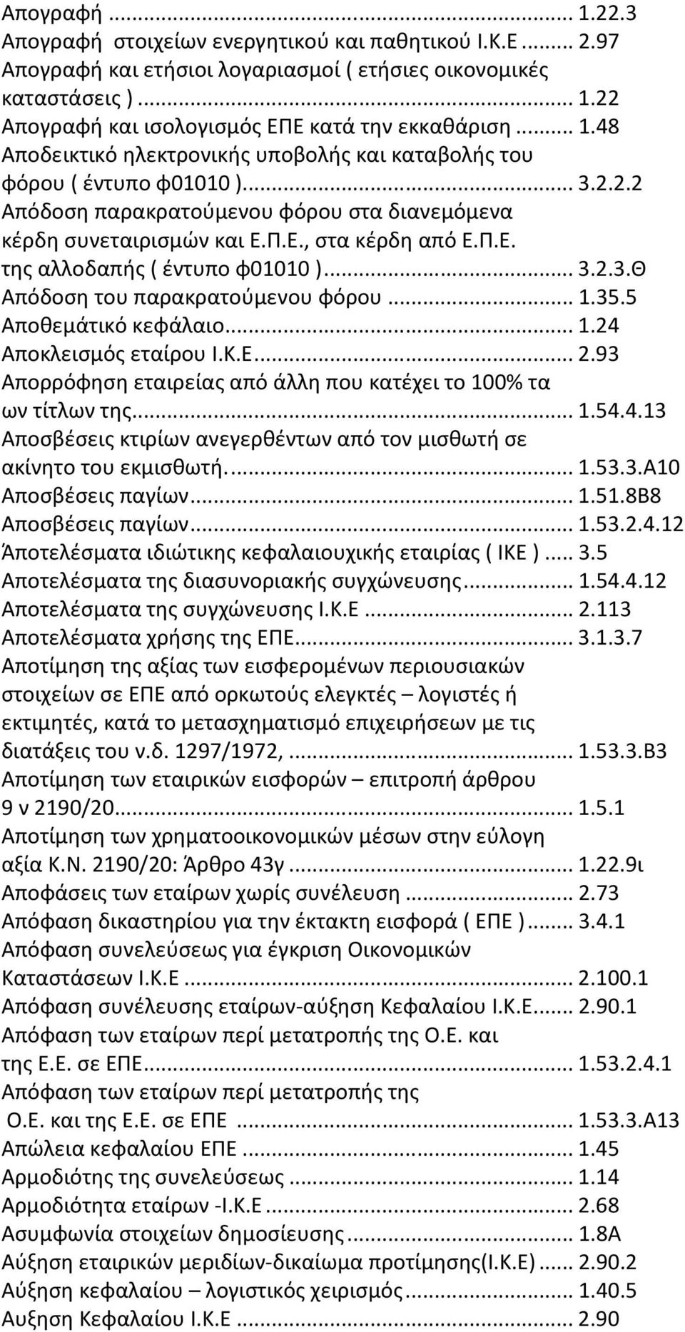 ..3.2.3.Θ Απόδοση του παρακρατούμενου φόρου...1.35.5 Αποθεμάτικό κεφάλαιο...1.24 Αποκλεισμός εταίρου Ι.Κ.Ε...2.93 Απορρόφηση εταιρείας από άλλη που κατέχει το 100% τα ων τίτλων της...1.54.4.13 Αποσβέσεις κτιρίων ανεγερθέντων από τον μισθωτή σε ακίνητο του εκμισθωτή.