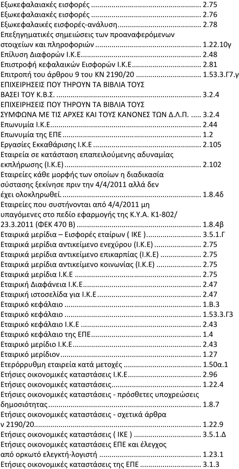 Λ.Π...3.2.4 Επωνυμία Ι.Κ.Ε...2.44 Επωνυμία της ΕΠΕ...1.2 Εργασίες Εκκαθάρισης Ι.Κ.Ε...2.105 Εταιρεία σε κατάσταση επαπειλούμενης αδυναμίας εκπλήρωσης (Ι.Κ.Ε)...2.102 Εταιρείες κάθε μορφής των οποίων η διαδικασία σύστασης ξεκίνησε πριν την 4/4/2011 αλλά δεν έχει ολοκληρωθεί.