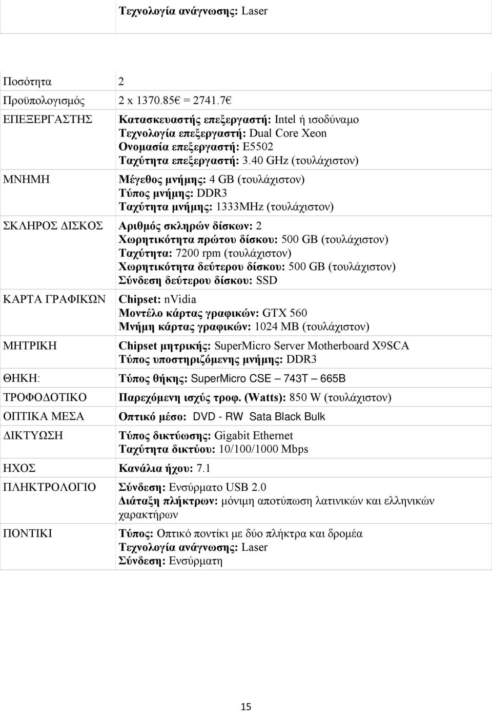 40 GHz (τουλάχιστον) Μέγεθος μνήμης: 4 GB (τουλάχιστον) Τύπος μνήμης: DDR3 Ταχύτητα μνήμης: 1333MHz (τουλάχιστον) ΣΚΛΗΡΟΣ ΔΙΣΚΟΣ Αριθμός σκληρών δίσκων: 2 Χωρητικότητα πρώτου δίσκου: 500 GB