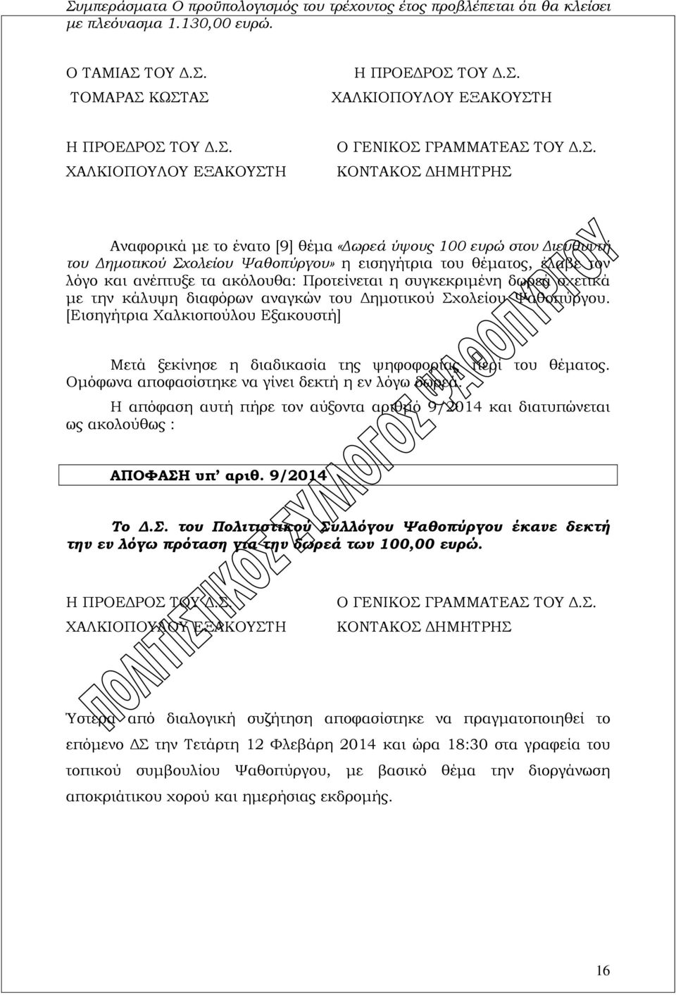 του Δημοτικού Σχολείου Ψαθοπύργου. [Εισηγήτρια Χαλκιοπούλου Εξακουστή] Μετά ξεκίνησε η διαδικασία της ψηφοφορίας περί του θέματος. Ομόφωνα αποφασίστηκε να γίνει δεκτή η εν λόγω δωρεά.